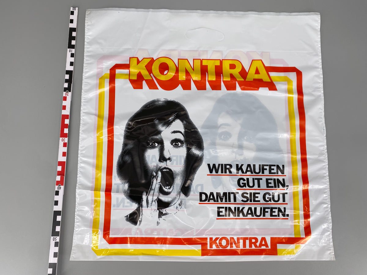 29x Tüten von KONTRA-Verbrauchermärkte mit Pop-Art Logo, Deutschland 1970er