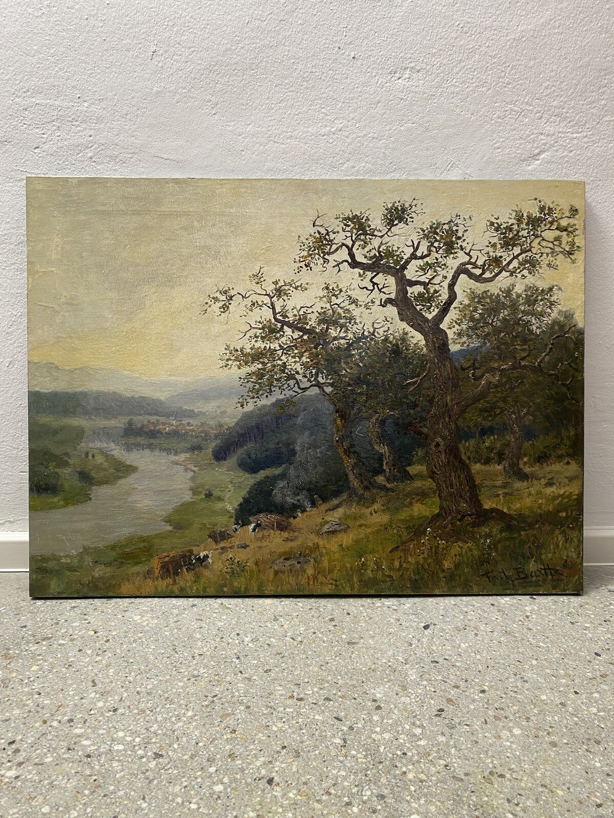 ÖLGEMÄLDE GEMÄLDE BAUM FLUSS LAGERFEUER HIRTEN FLUSS FRITZ BARTTZ 91