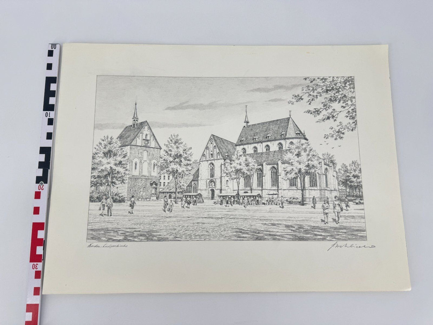 * HEINZ WEHLISCH ZEICHNUNG NORDEN LUDGERIKIRCHE ANSICHT SIGNIERT