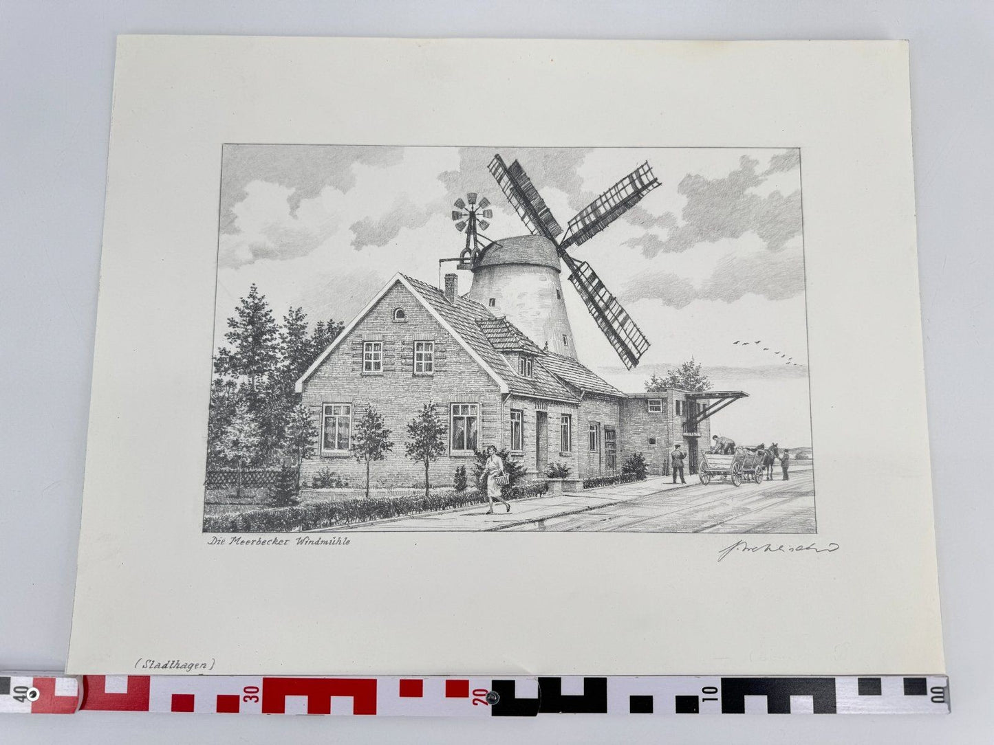 * HEINZ WEHLISCH ZEICHNUNG DIE WINDMÜHLE MEERBECK ANSICHT SIGNIERT