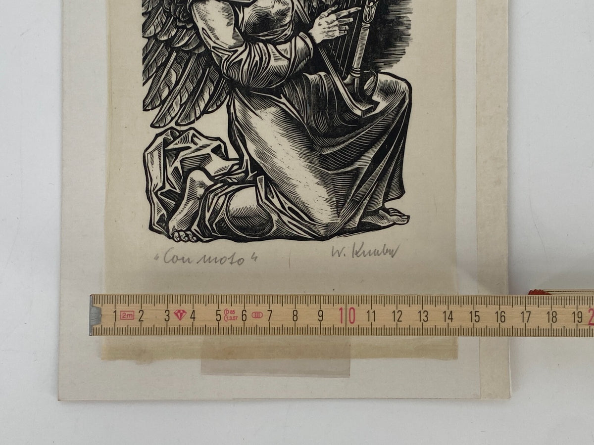 * WILLY KNABE HOLZSCHNITT BETITELT HANDSIGNIERT CON MOTO MUSIK RELIGION ENGEL