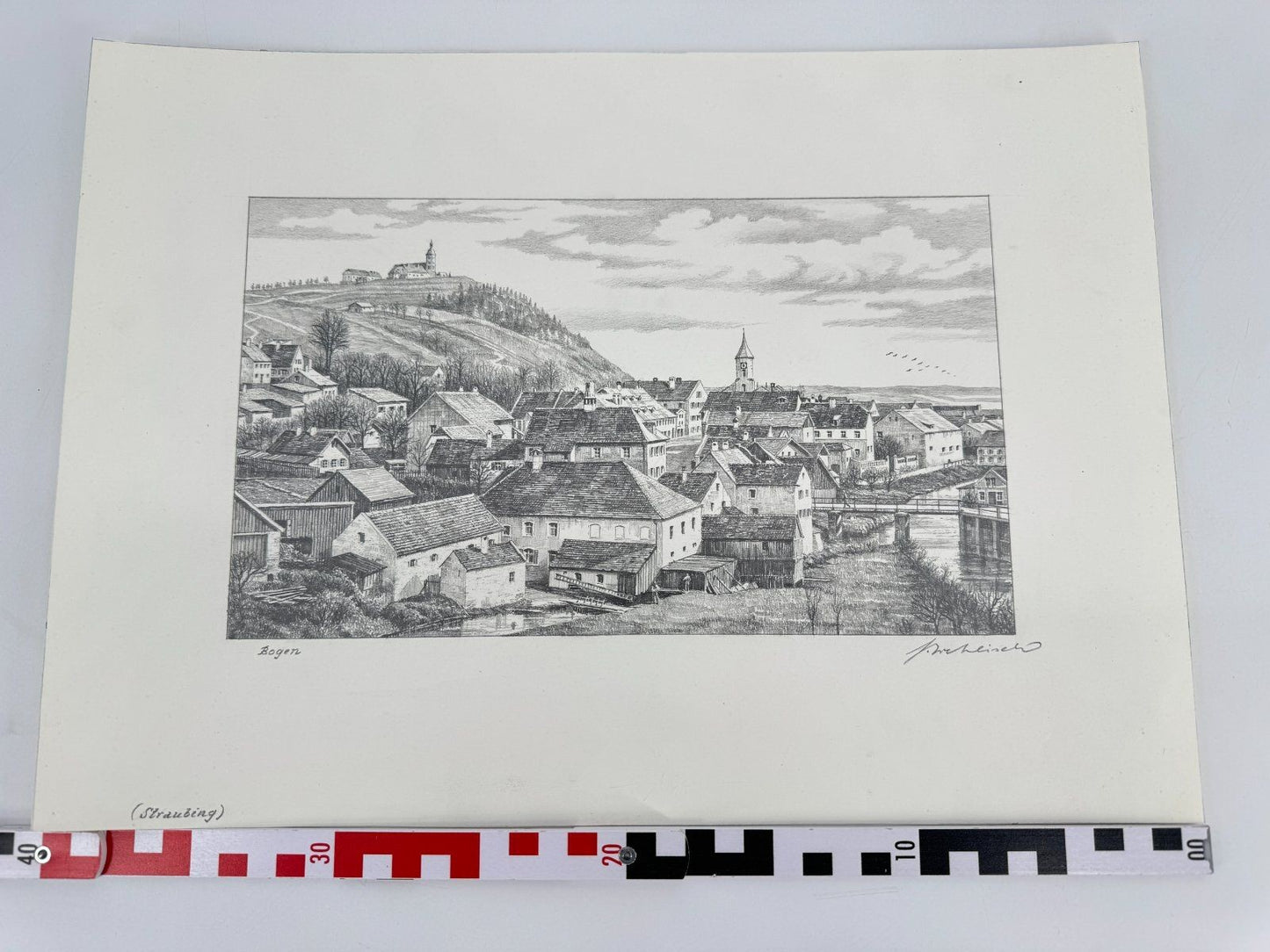 * HEINZ WEHLISCH ZEICHNUNG BOGEN STRAUBING ANSICHT SIGNIERT II