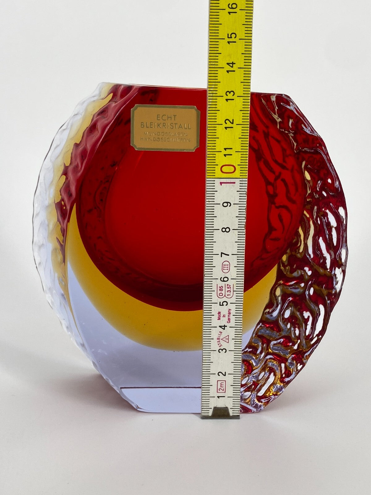 * MID CENTURY DESIGN MURANO GLAS VASE ROT GELB BLEIKRISTALL MANDRUZZATO 13CM