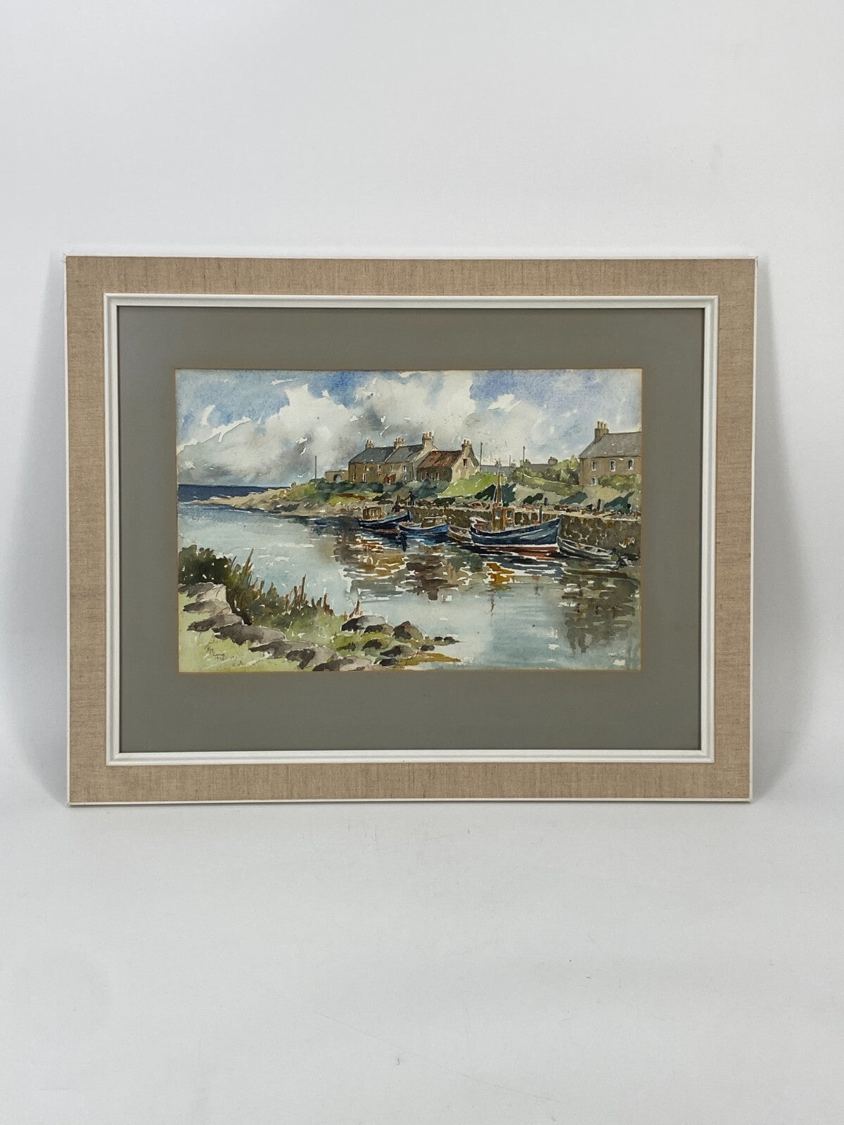 * GEMÄLDE HAFEN AQUARELL R. M. LAMING SIGNIERT FISCHER BOOTE MEER VINTAGE