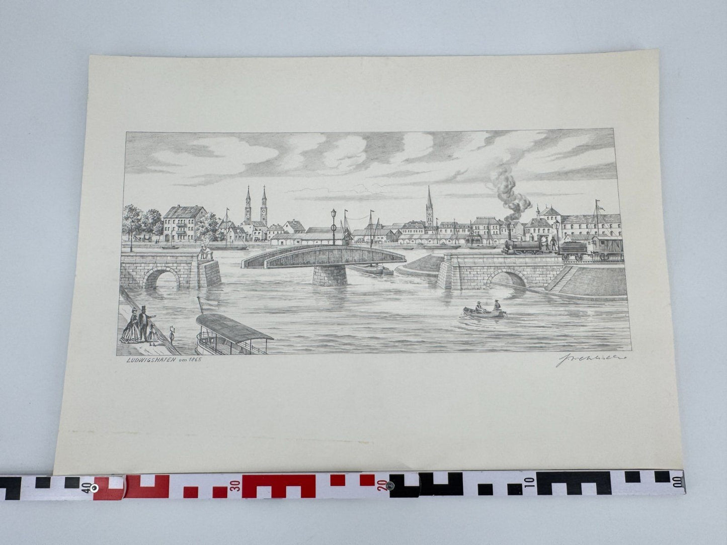 * HEINZ WEHLISCH ZEICHNUNG LUDWIGSHAFEN UM 1865 ANSICHT SIGNIERT