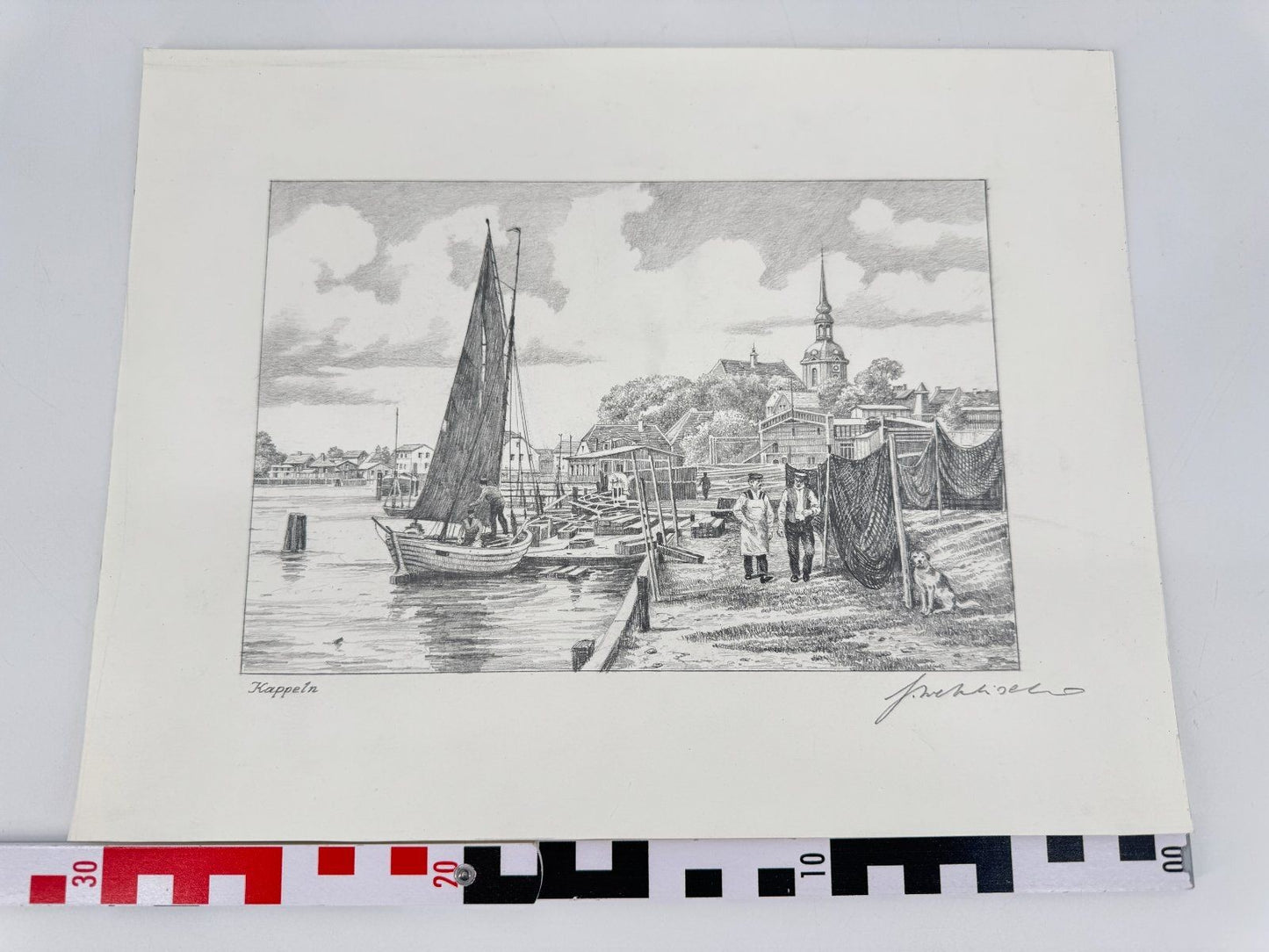 * HEINZ WEHLISCH ZEICHNUNG KAPPELN ANSICHT SIGNIERT HAFEN