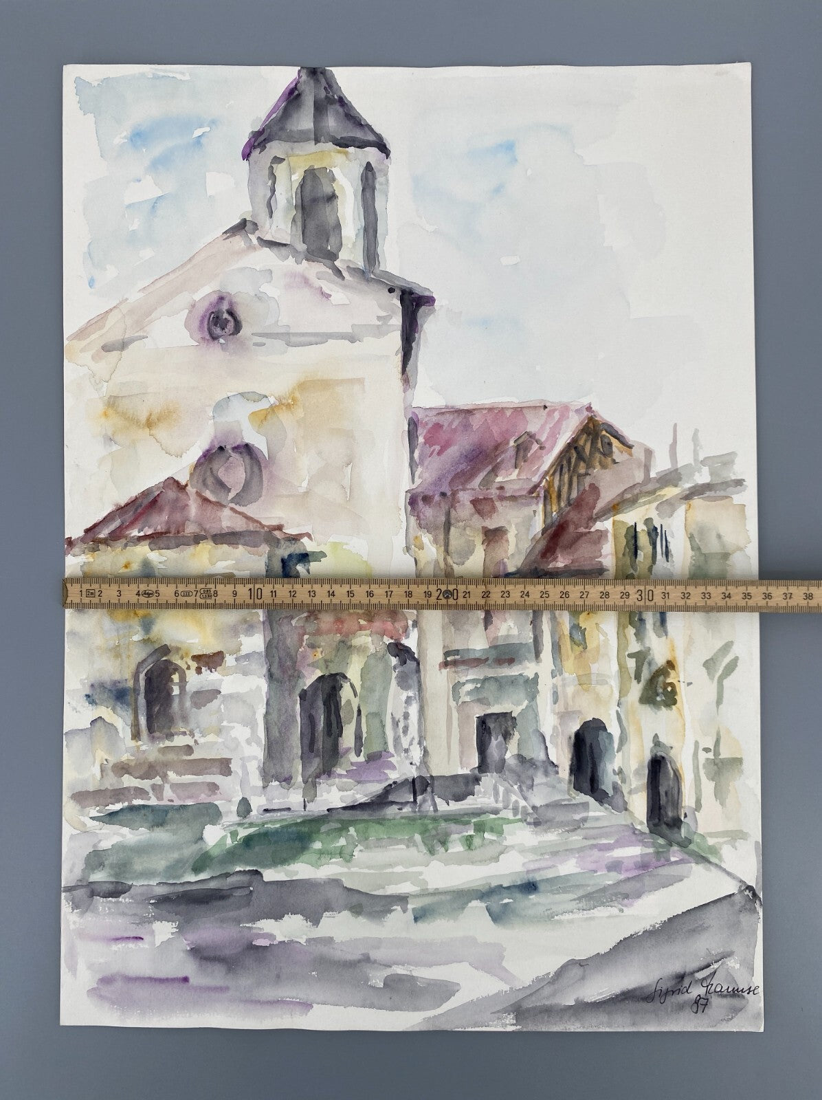 *AQUARELLGEMÄLDE STADTANSICHT ITALIEN HAUPTPLATZ KIRCHE SIGRID HANNSE 987 UNIKAT