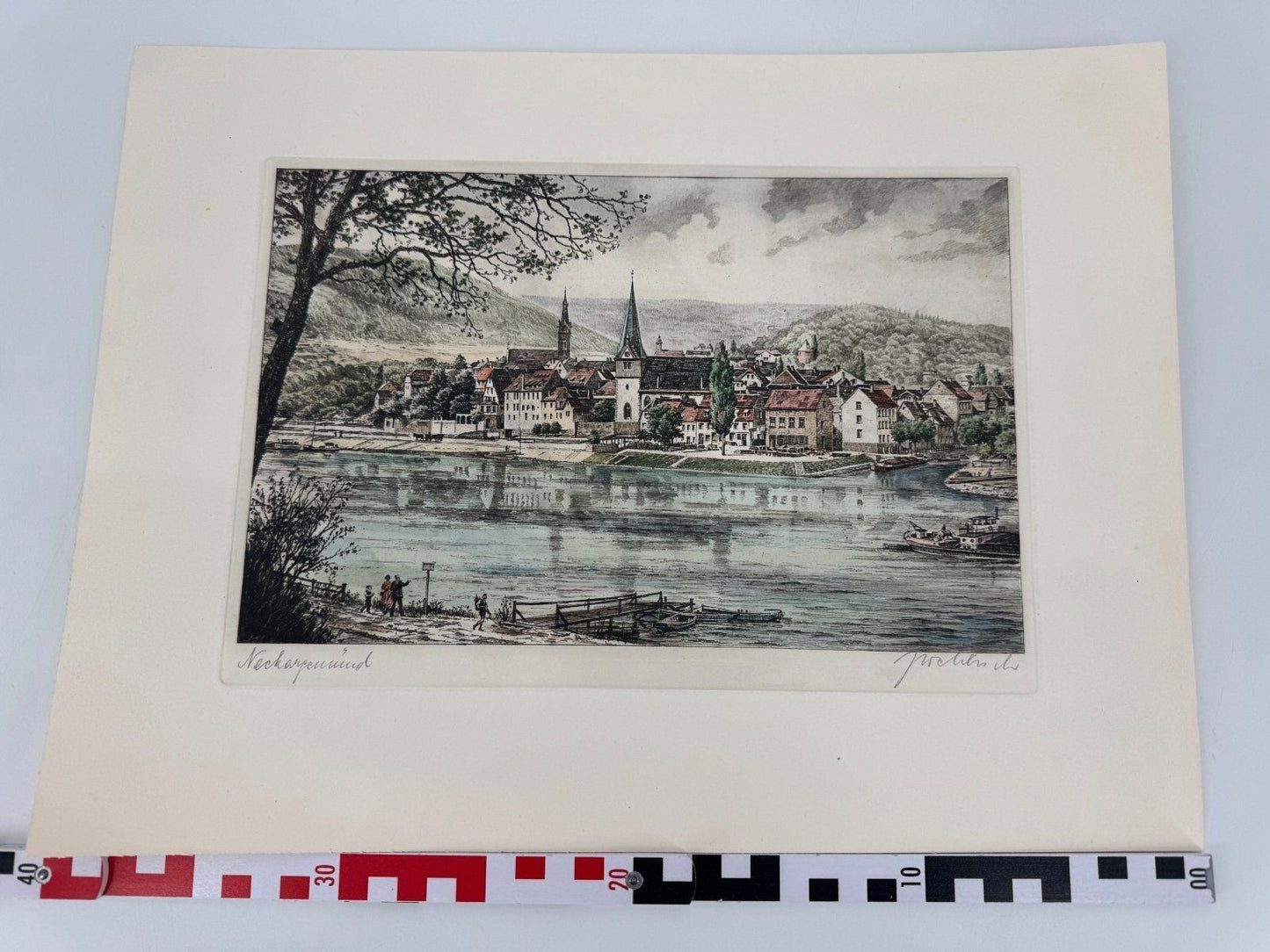 * HEINZ WEHLISCH RADIERUNG KOLORIERT NECKARGEMÜND ANSICHT SIGNIERT