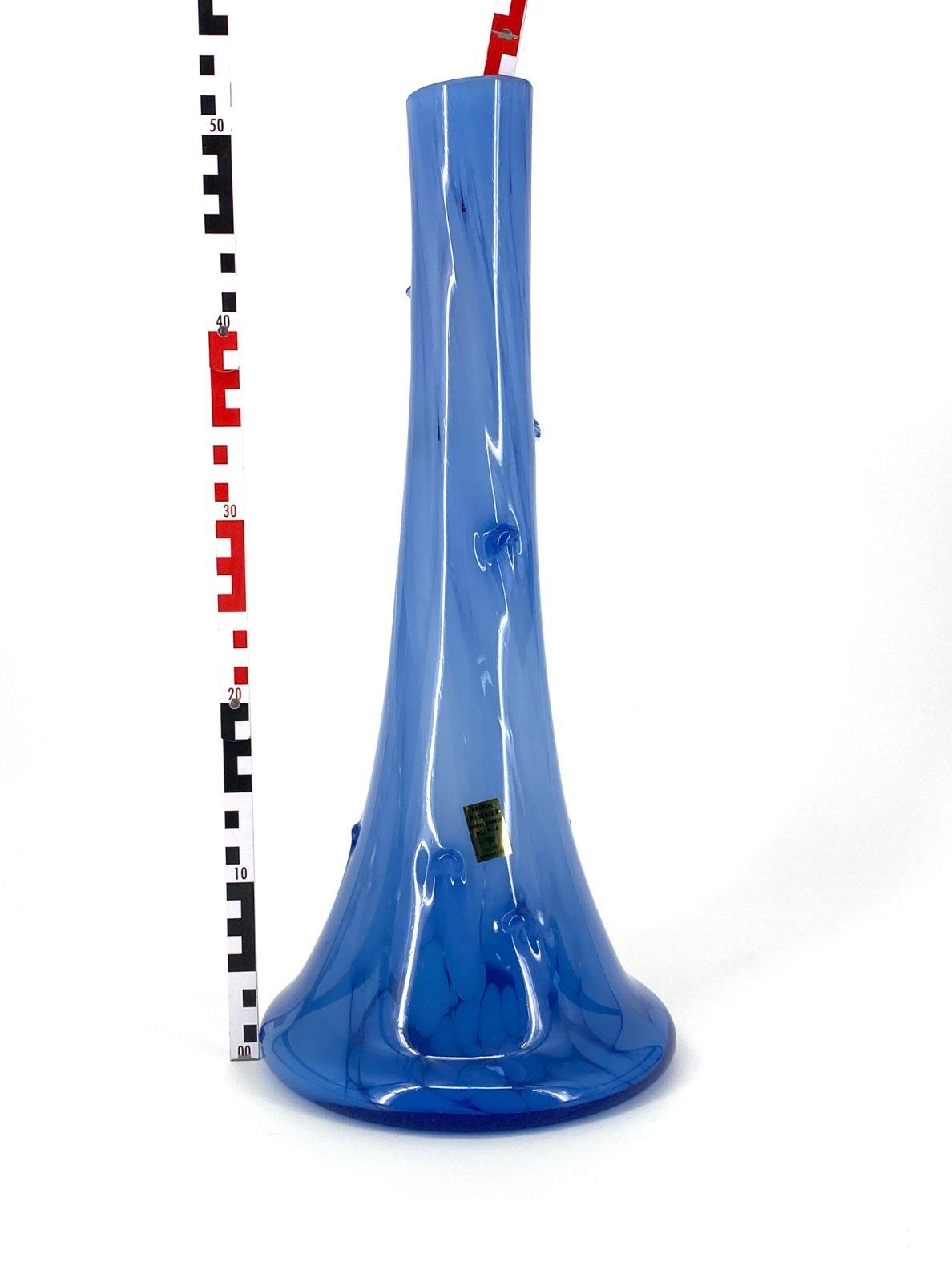 * GROßE BLAUE GLASVASE MUNDGEBLASEN J. BENCAL POLEN VINTAGE BLAU HANDARBEIT