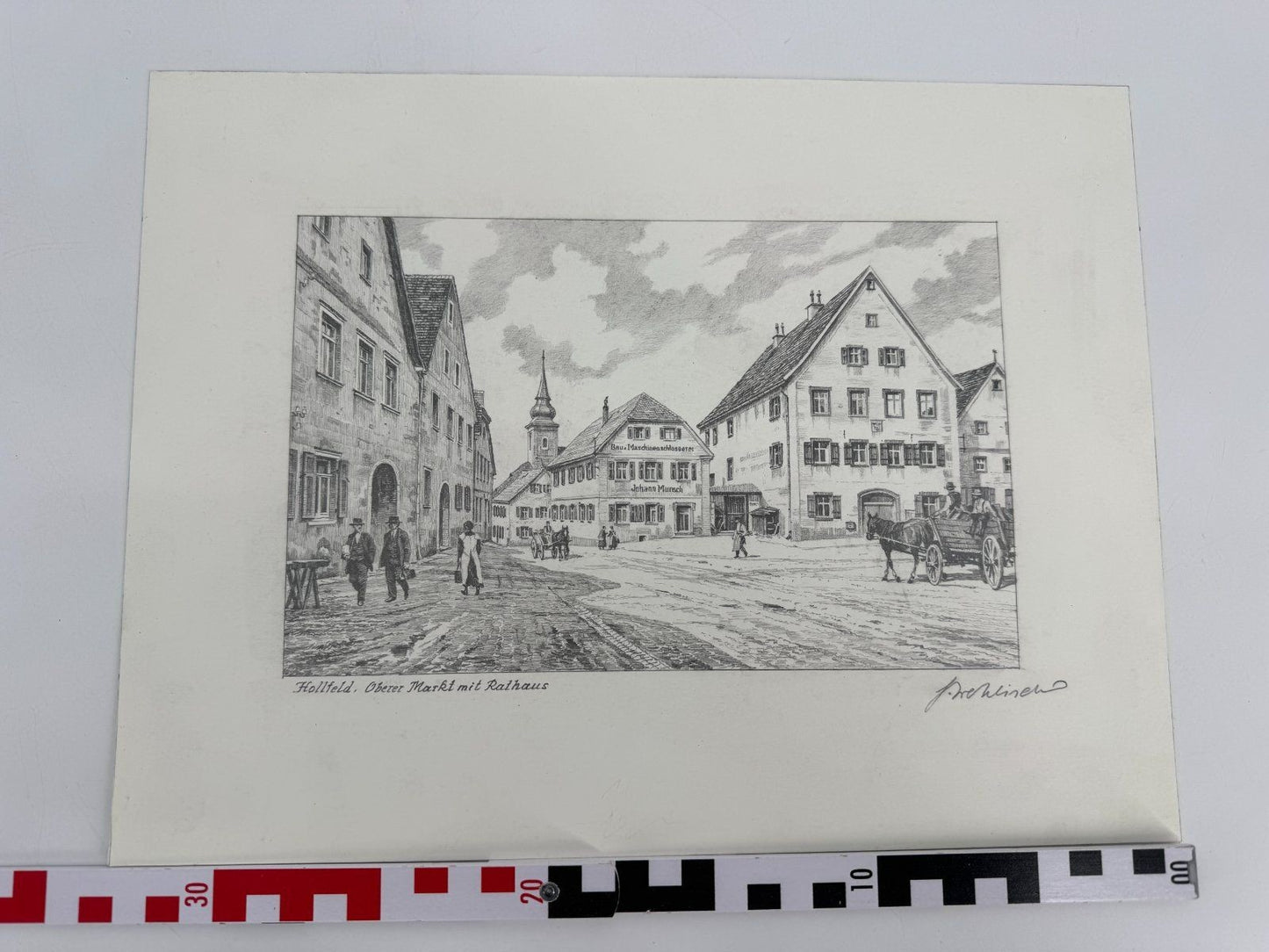 * HEINZ WEHLISCH ZEICHNUNG HOLLFELD OBERER MARKT MIT RATHAUS