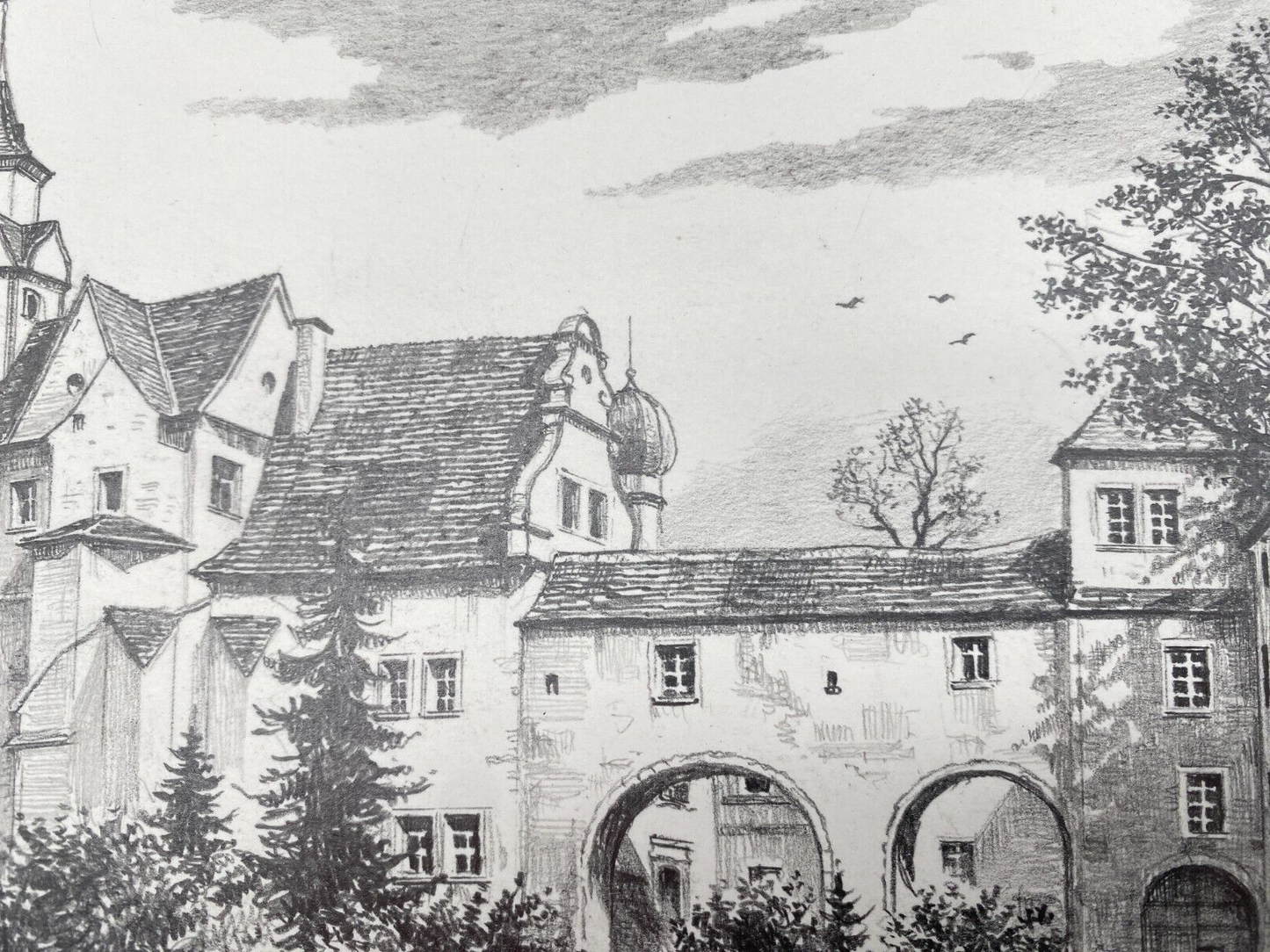 DEUTSCHER KÜNSTLER HEINZ WEHLISCH ZEICHNUNG SCHLOSS HINTERGLAUCHAU HANDSIGNIERT