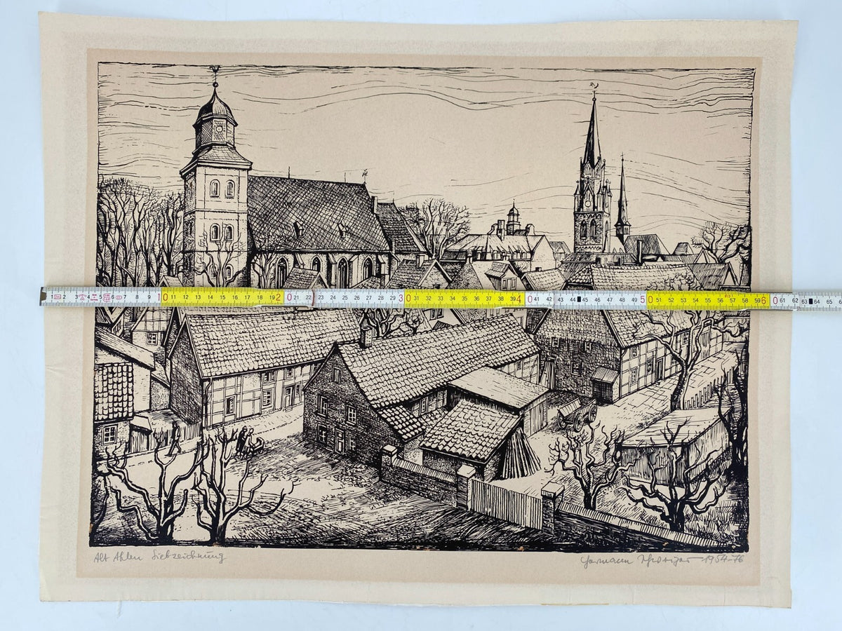 *HERMANN SCHWEIZER GRAFIK SIEBDRUCK STADTANSICHT AHLEN 1954-1976 SIGNIERT ORIGIN