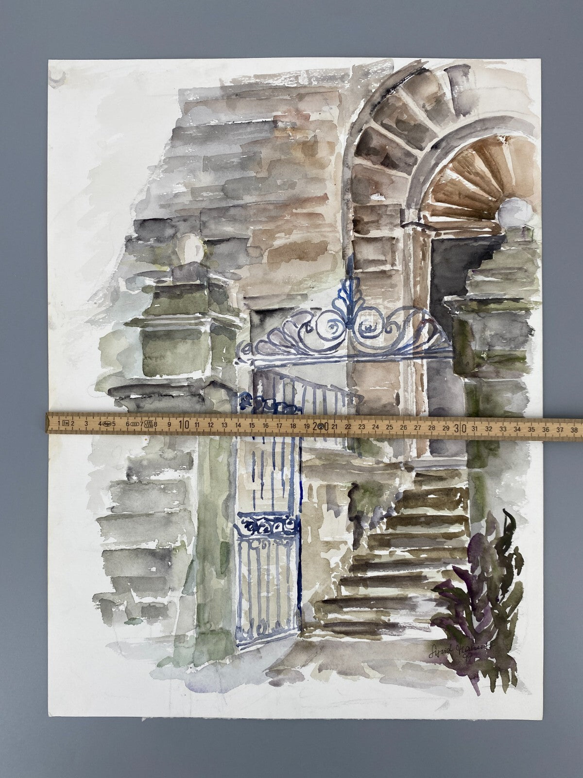 *AQUARELLGEMÄLDE GEBÄUDEANSICHT ITALIEN PORTAL EISENTOR SIGRID HANNSE 997 UNIKAT