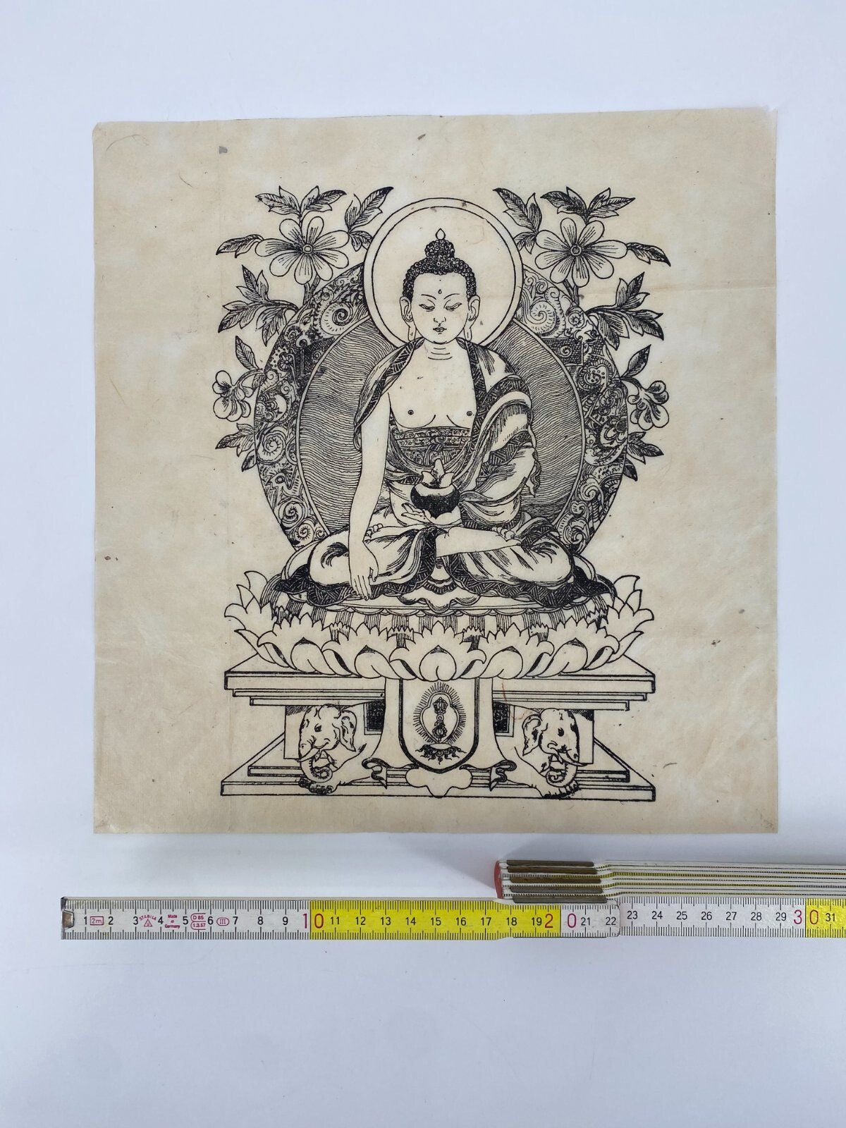 * HOLZSCHNITT BUDDHA ASIEN GRAFIK DRUCK TIBET DHARMACHAKRA MUDRA