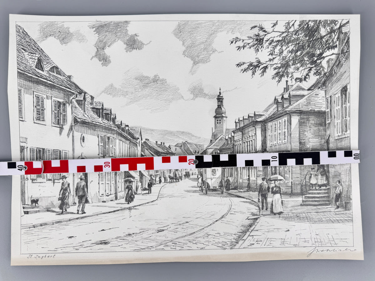 Zeichnung, historische Ansicht von St. Ingbert im Saarland. Von Heinz Wehlisch
