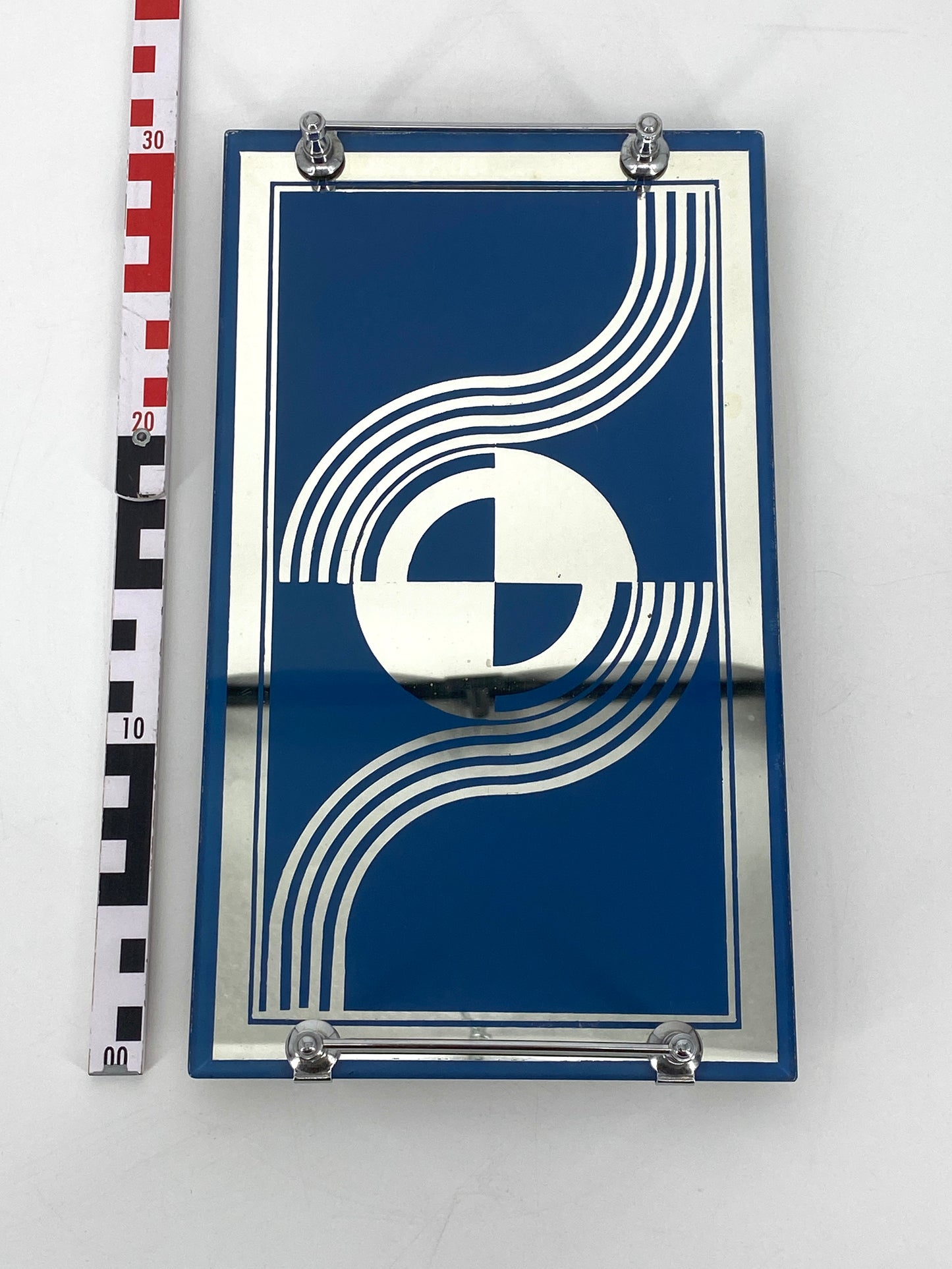 Art Deco Serviertablett mit blauem geometrischen Muster, verspiegeltes Glas, 30er