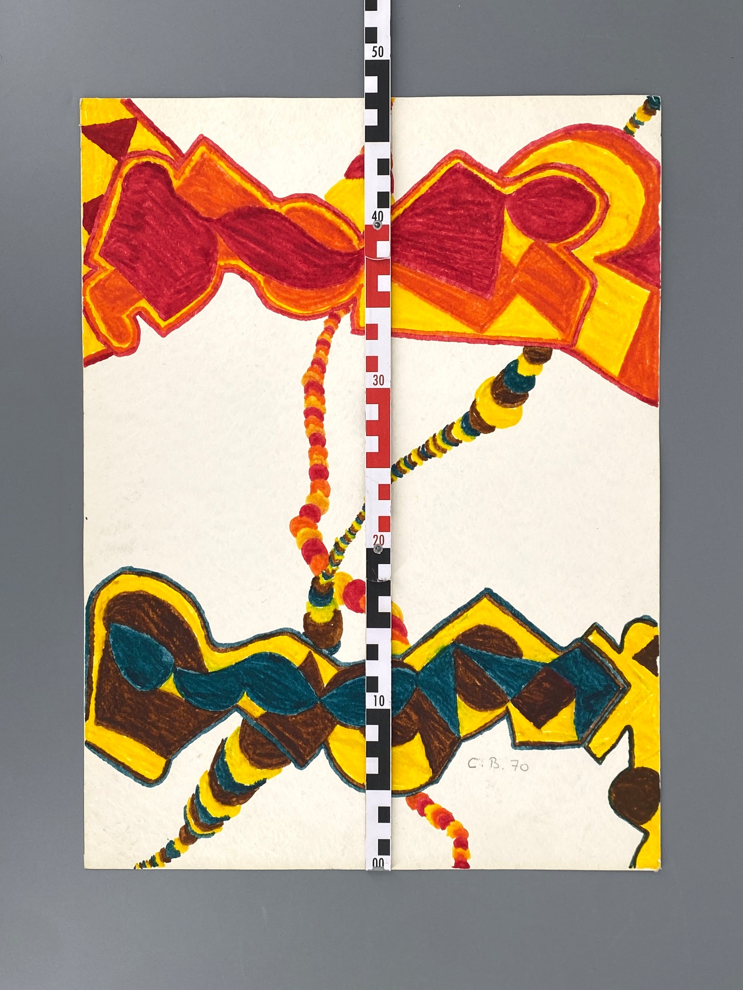 Filzstiftgemälde "Abstrakte Komposition" auf strukturiertem Büttenpapier von Claudia Butenuth (1945–2016), 1970
