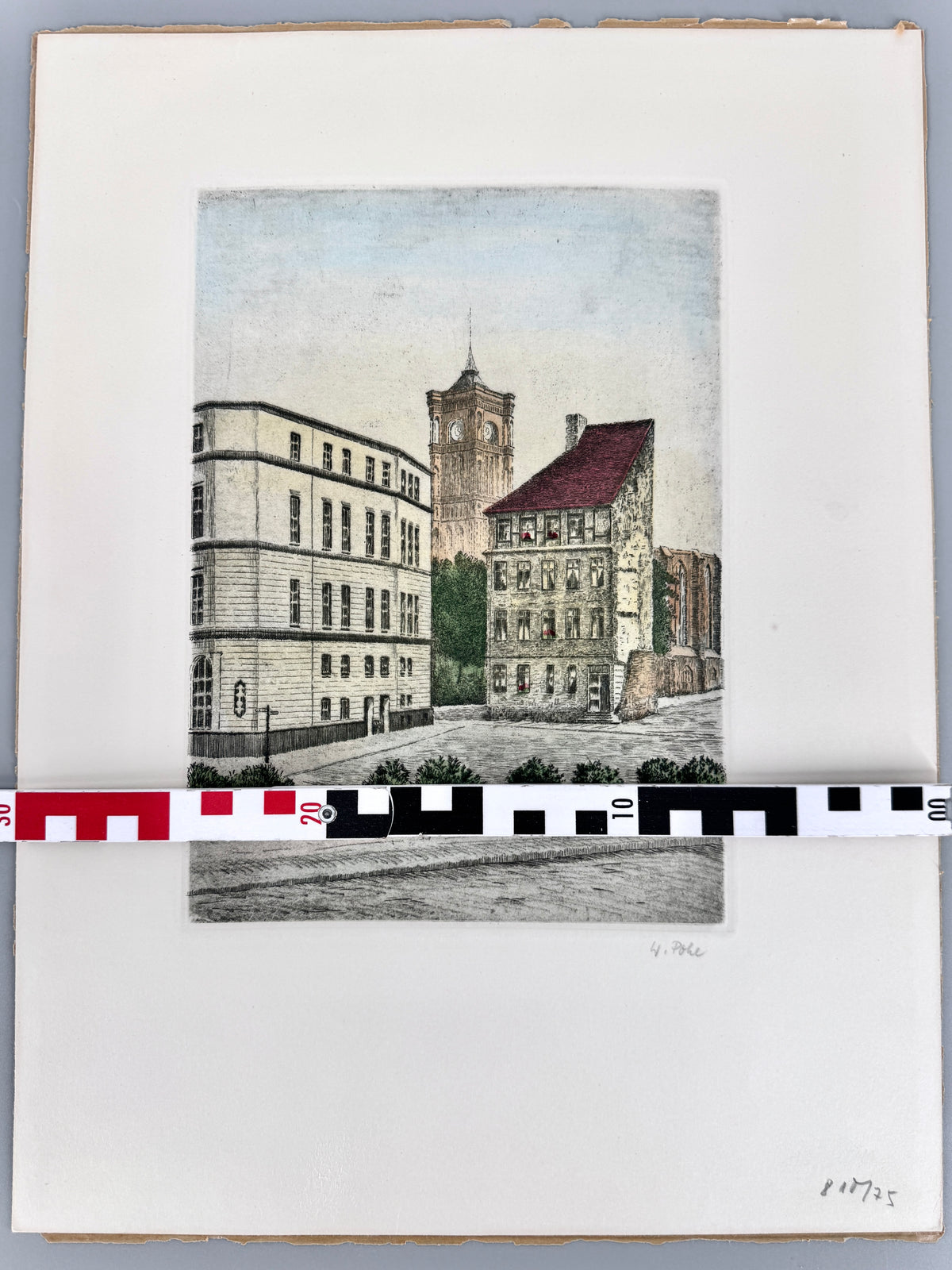 Radierung, Wolfgang Pohl. Berlin Rotes Rathaus, Franziskaner Klosterkirche und Neubau