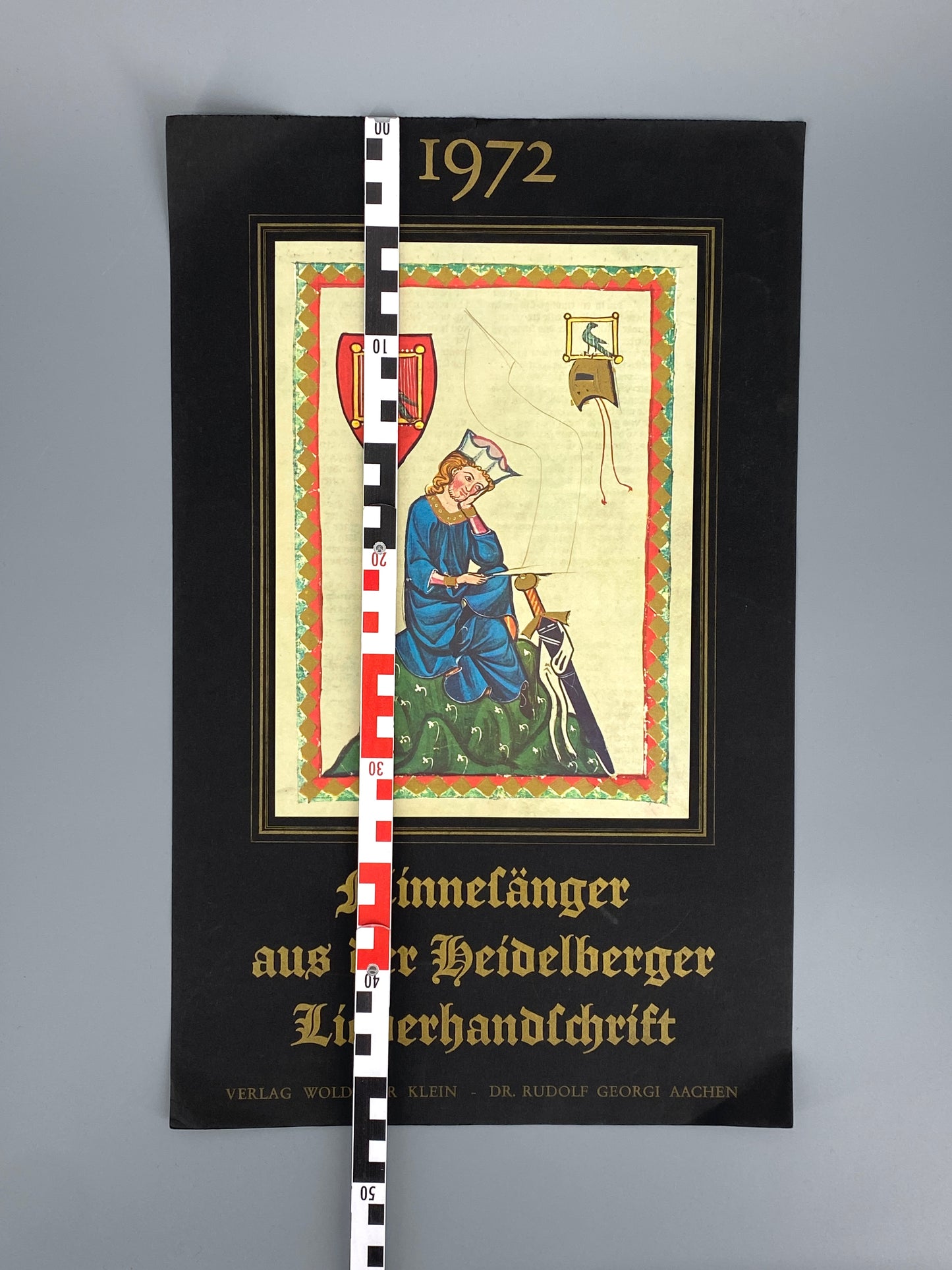 Kunstdrucke „Minnesänger aus der Heidelberger Liederhandschrift“ mit metallisch glänzendem Golddruck, hochwertige Offsetdrucke, 1971, 11 Stk.
