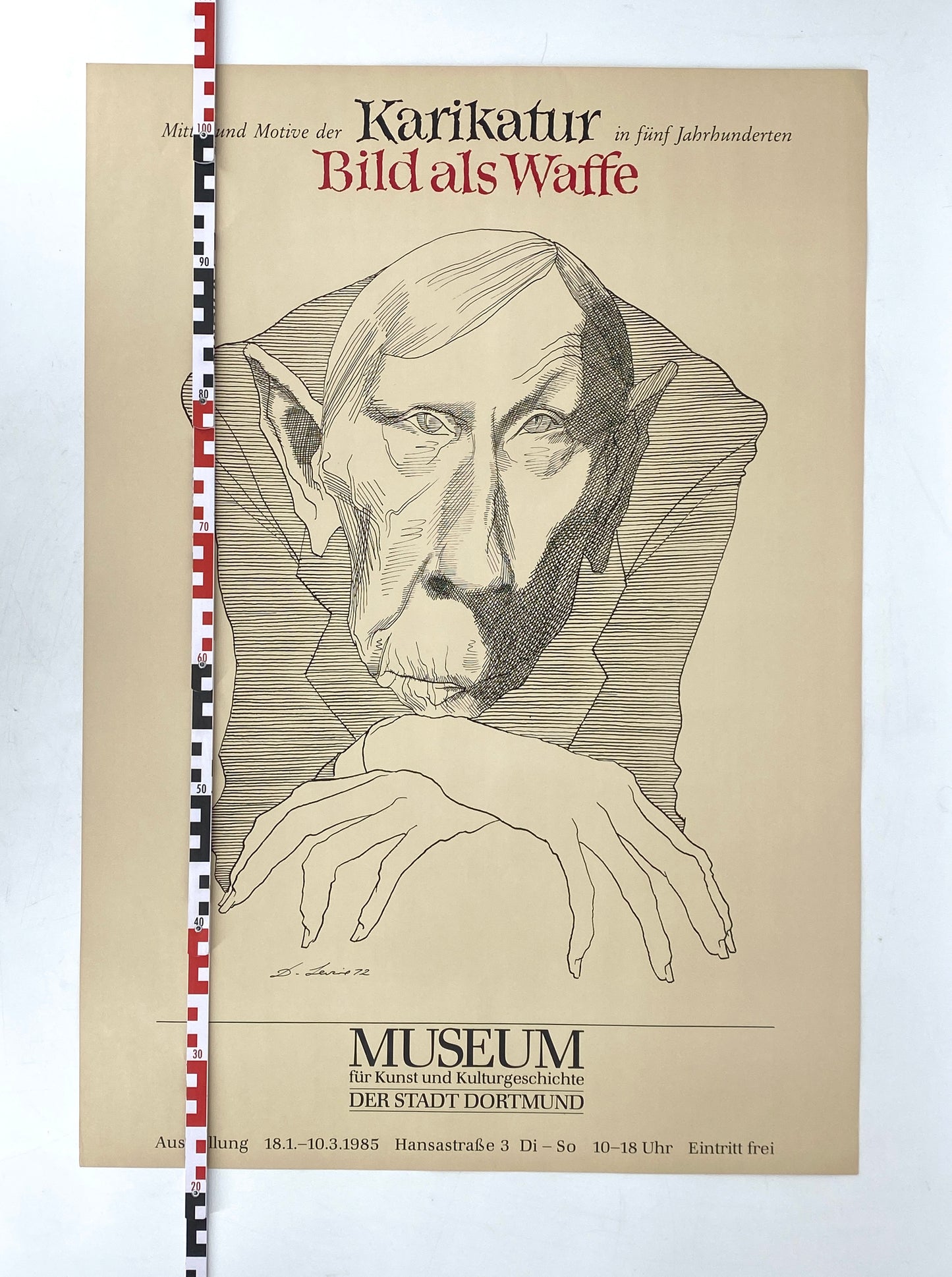 Ausstellungsplakat mit einer Reproduktion von David Levine (1926–2009) für das Museum für Kunst und Kulturgeschichte, Dortmund aus dem Jahr 1985