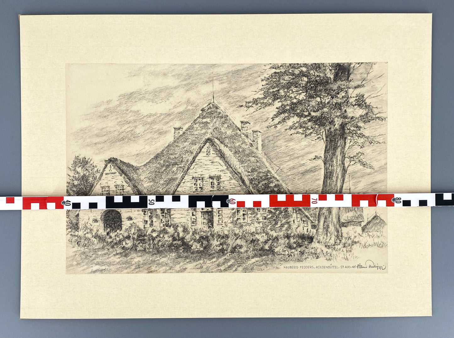 Bleistiftzeichnung "Hauberg Fedders, Koldenbüttel" von Hans Philippi, 1946