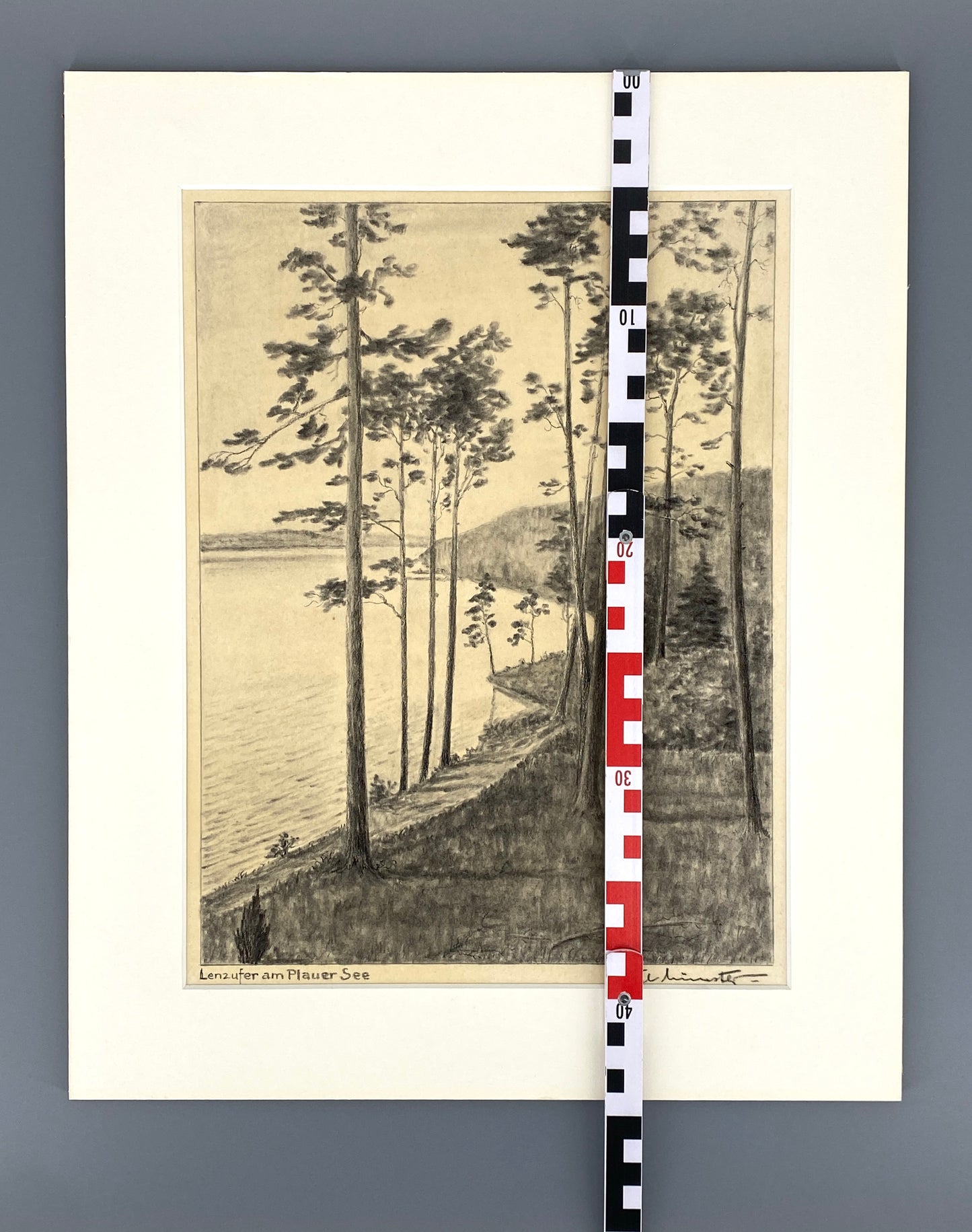 Signierte Kohlezeichnung "Lenzufer am Plauer See" von Carl Münster in Passepartout