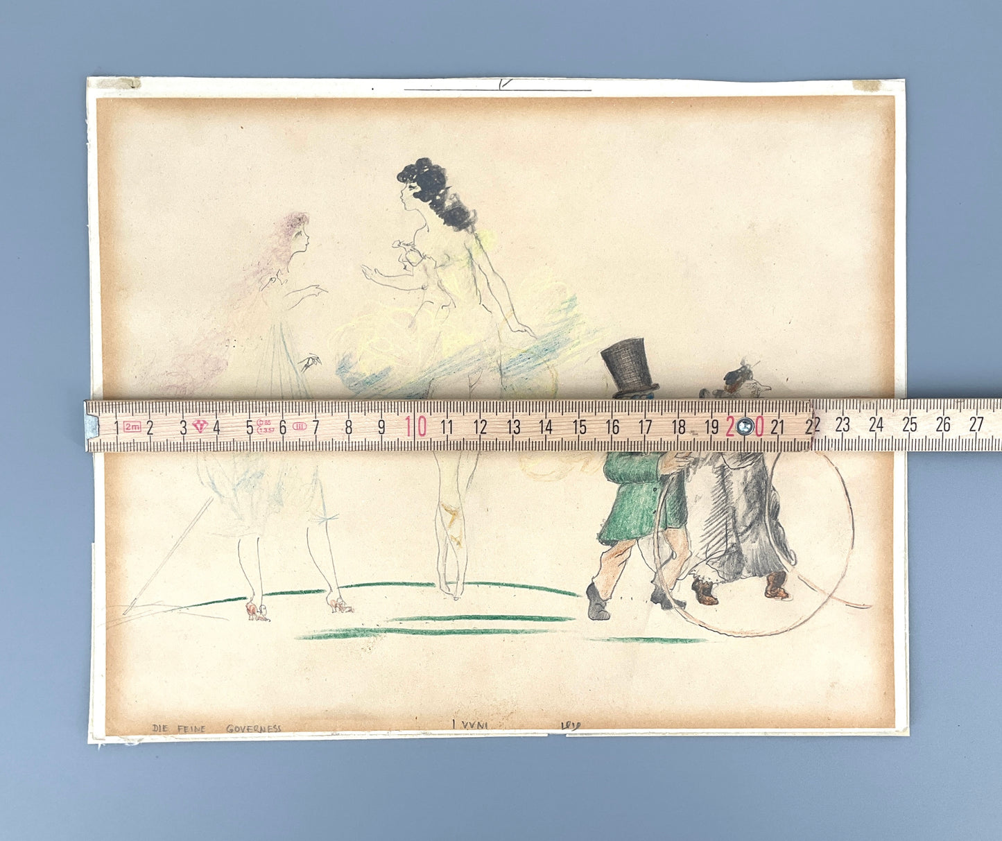 Bunt- und Bleistiftzeichnung "Die feine Governess" von Fritz von Herzmanovsky-Orlando, 1919