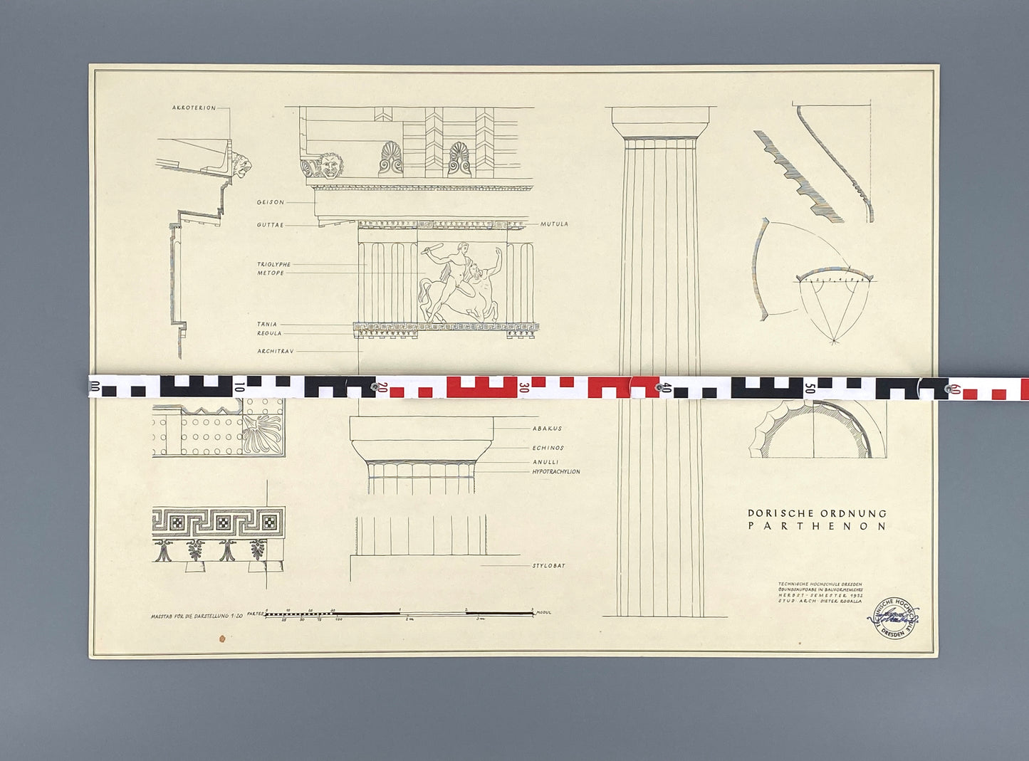 Handzeichnung "Dorische Ordnung am Parthenon" vom Architekten Dieter Rogalla, 1952