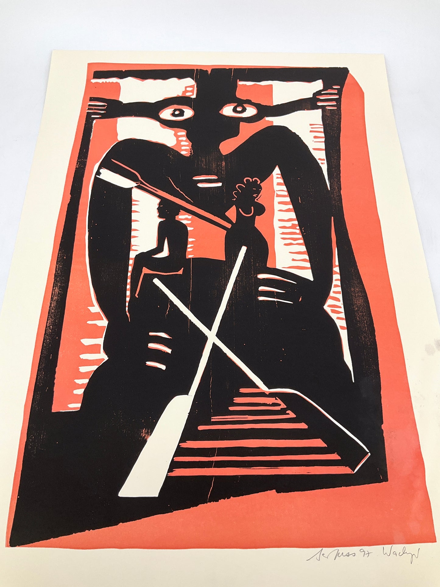 Holzschnitt aus der Serie "Mütter" von Ina Barfuss und Thomas Wachweger für Griffelkunst, 1997