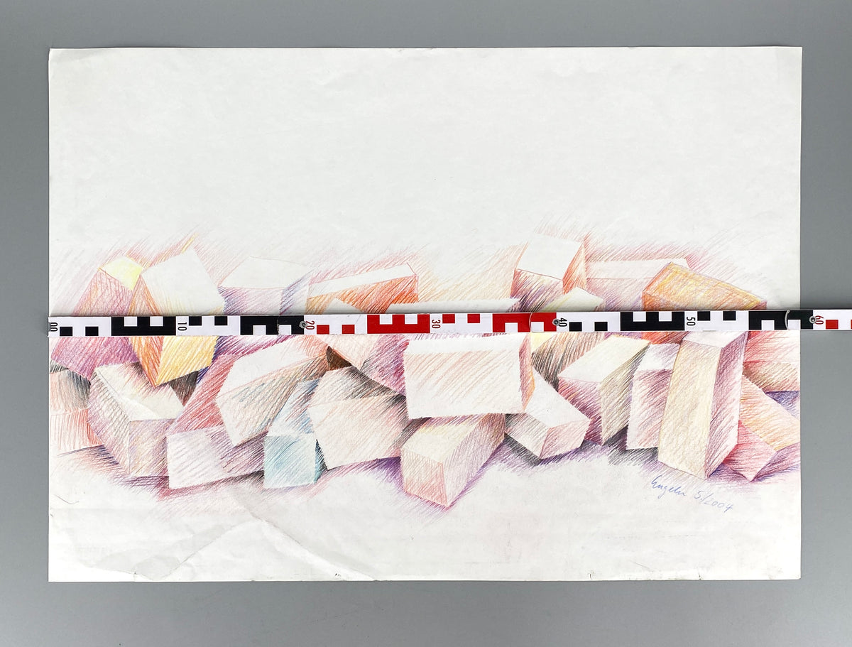Farbenfrohe Buntstiftzeichnung mit Klötzen von Helga Engeln (1943–2024), 2004