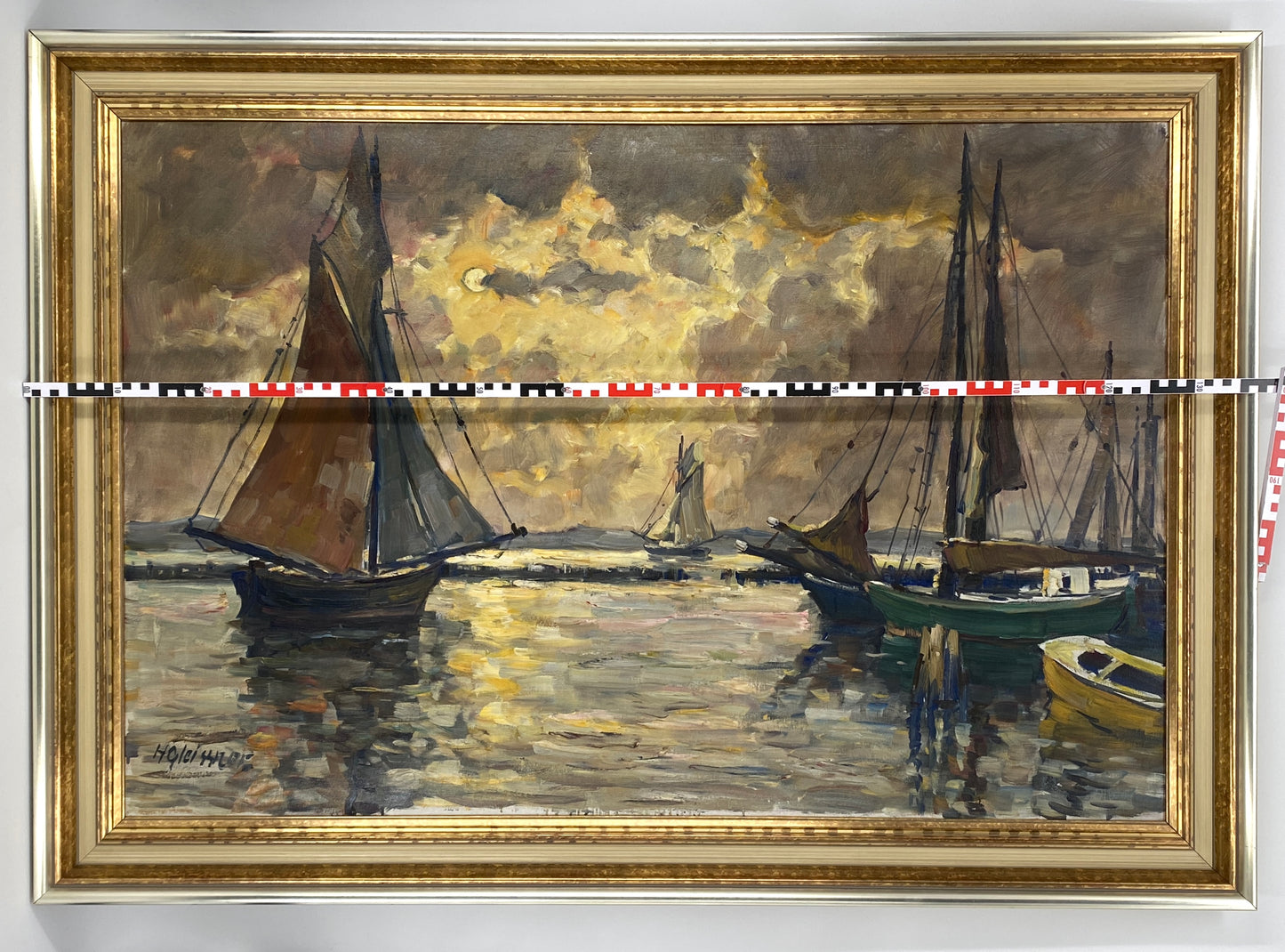 Großes, signiertes Ölgemälde "Hafenlandschaft mit Segelschiffen" von Hans Gleissner (1880–1935), gerahmt