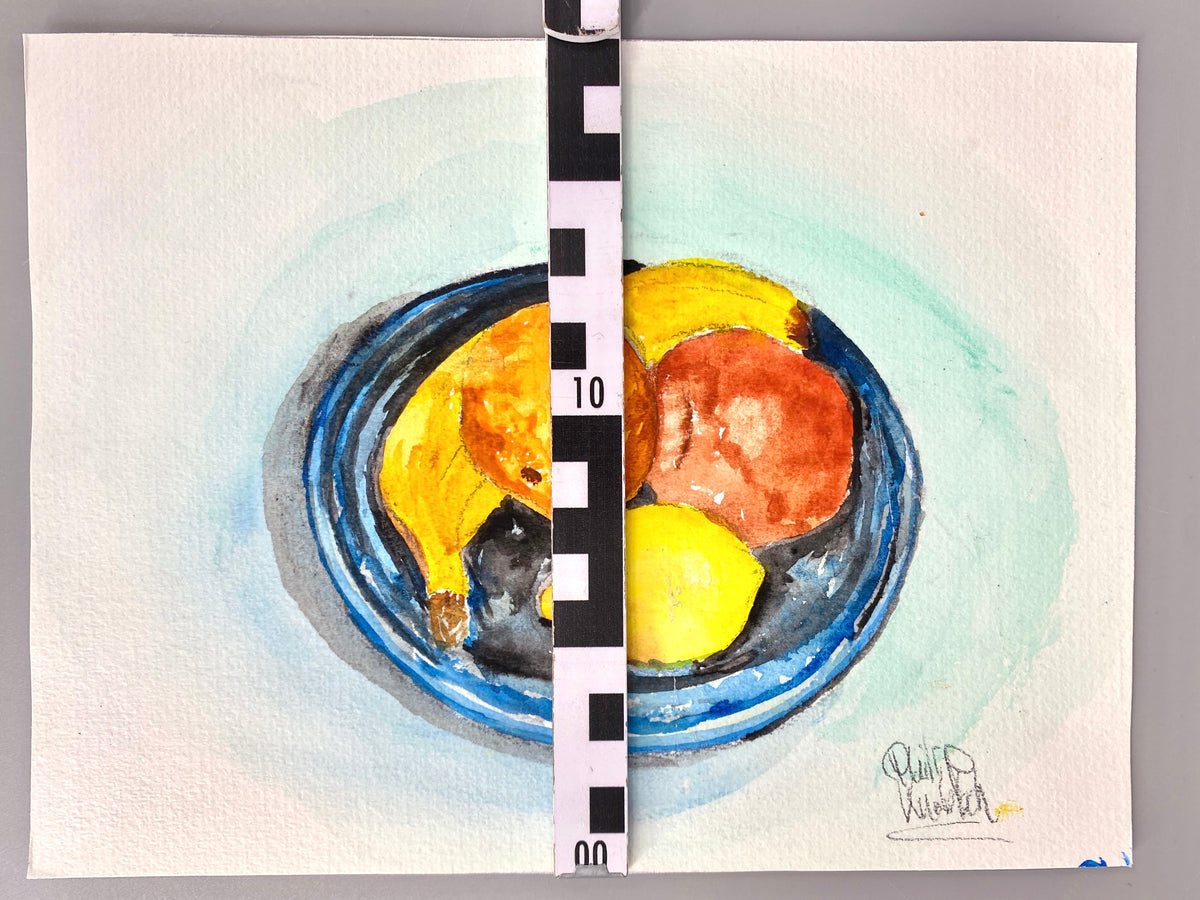 Obstkorb. Zeitgenössisches Stillleben. Aquarell, Türkise Corona