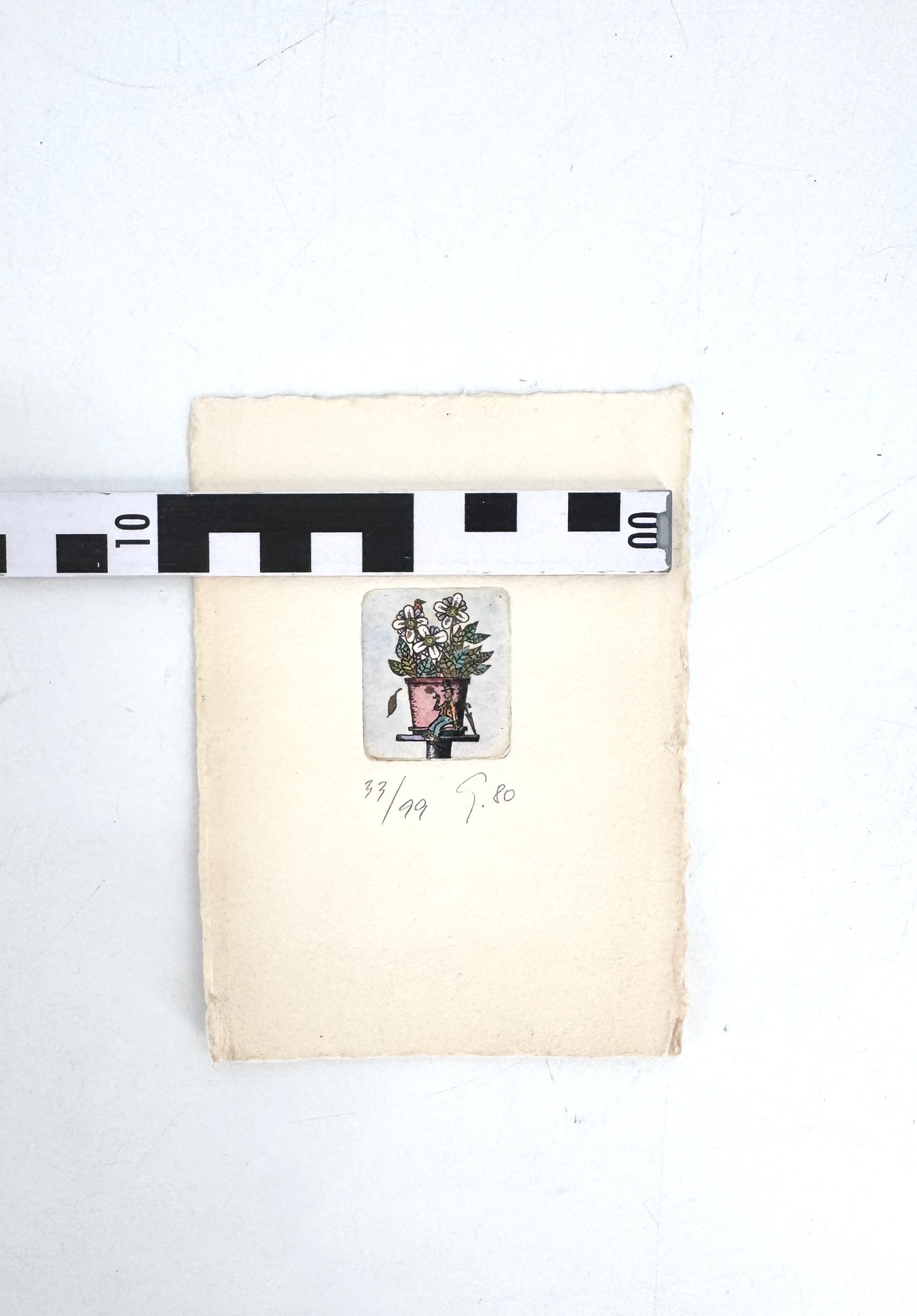 Blumentopf mit kleinem Mann in Hut. Radierung, Koloriert