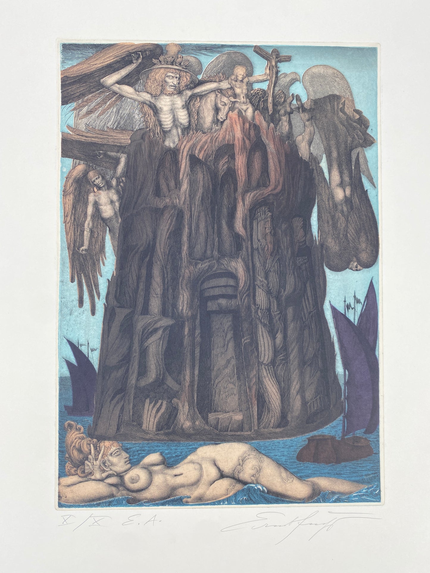 Aquatintaradierung "Das Gefängnis des Ikarus" des Künstlers Ernst Fuchs, 1975
