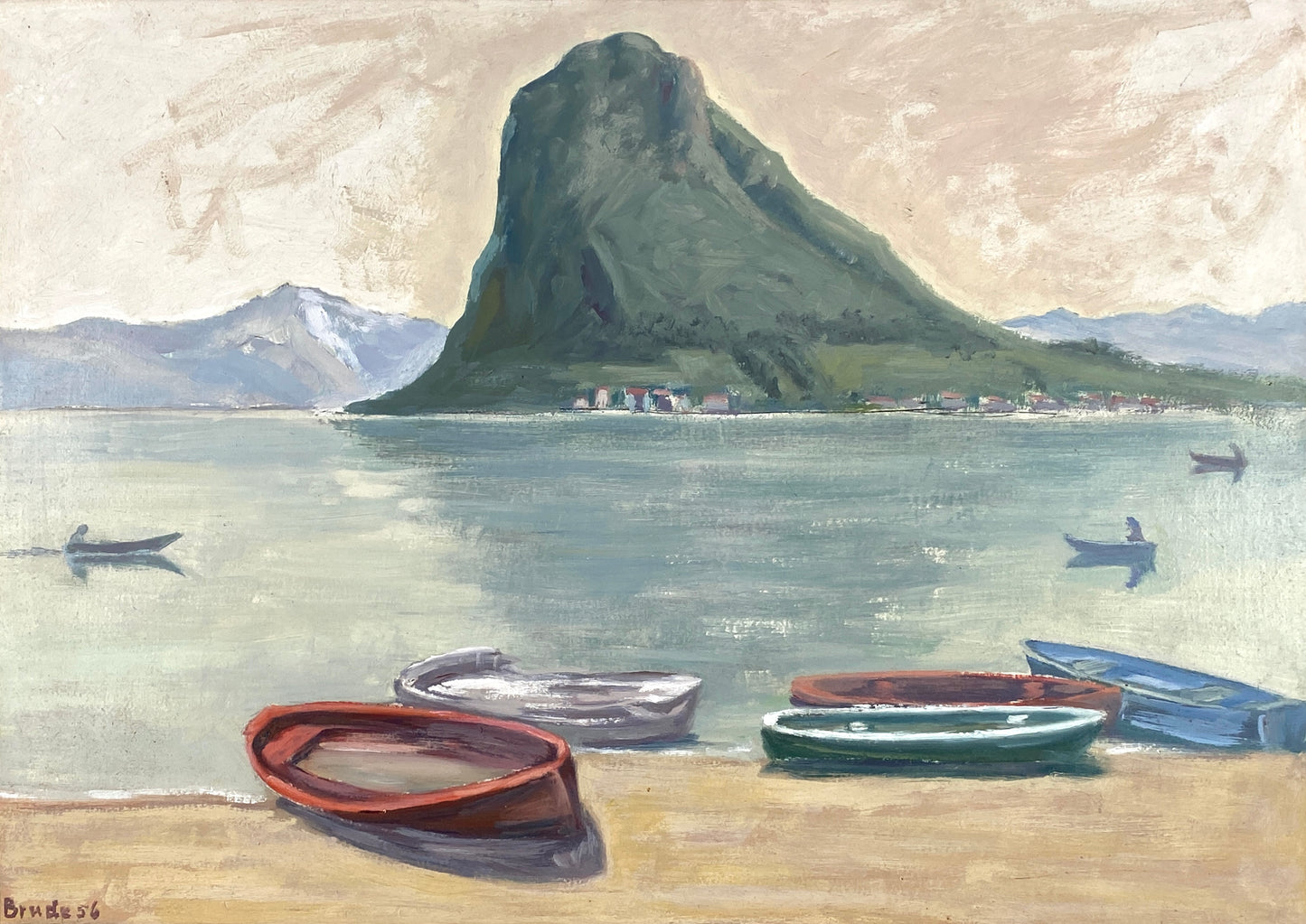 Ölgemälde "Luganer See mit Blick auf den Monte San Salvatore" von Erhard Brude (1874–1959) aus dem Jahr 1956