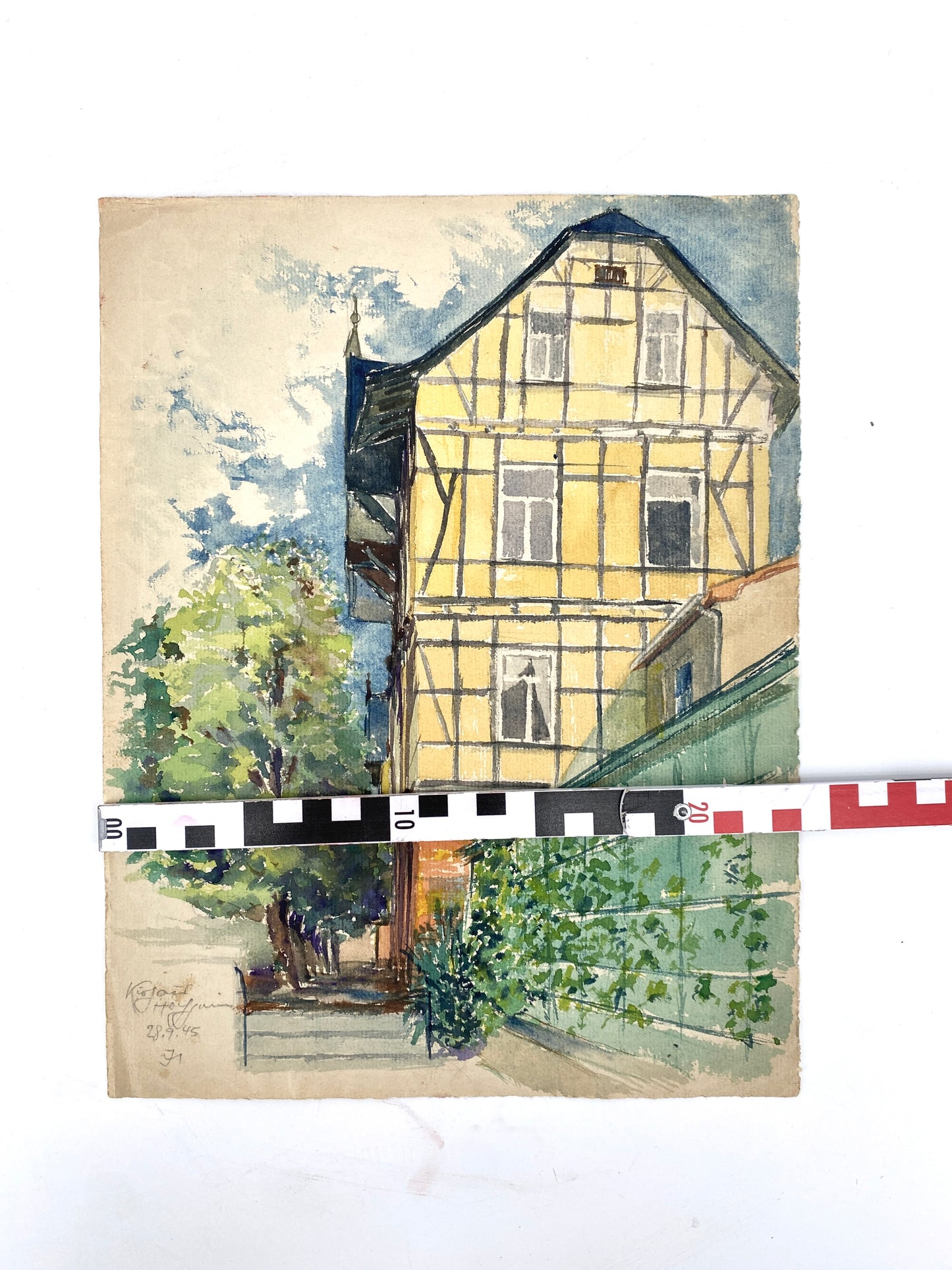 Das zitronengelbe Fachwerkhaus - Aquarell, datiert 45