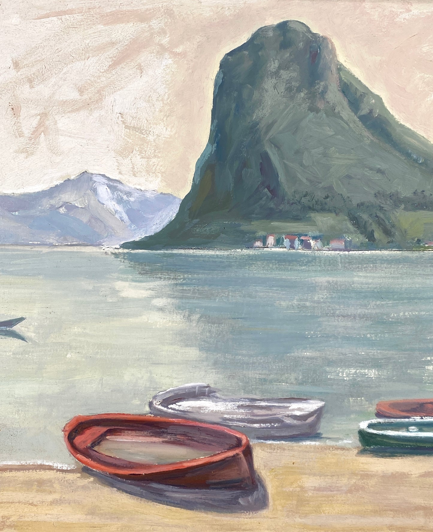 Ölgemälde "Luganer See mit Blick auf den Monte San Salvatore" von Erhard Brude (1874–1959) aus dem Jahr 1956