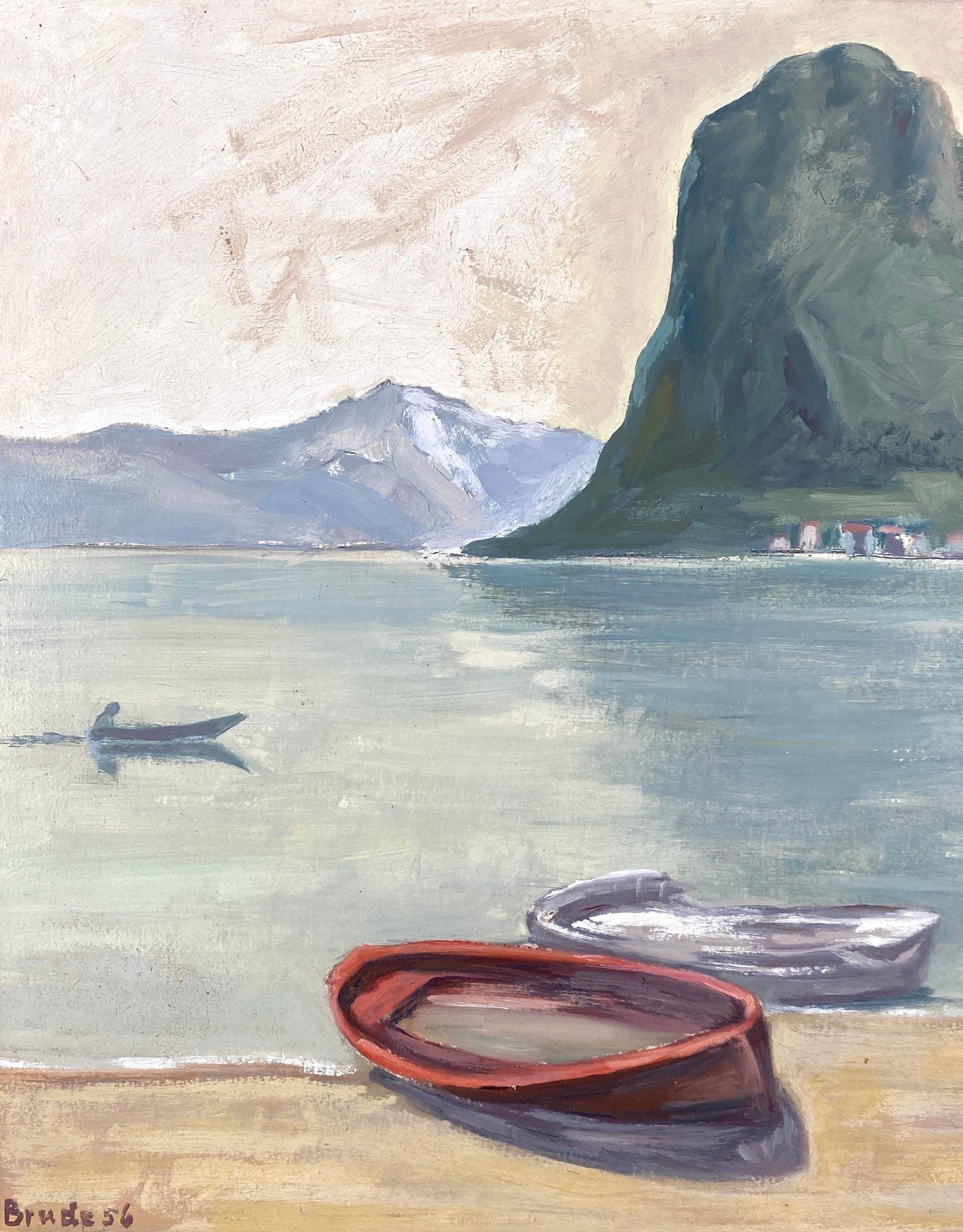 Ölgemälde "Luganer See mit Blick auf den Monte San Salvatore" von Erhard Brude (1874–1959) aus dem Jahr 1956