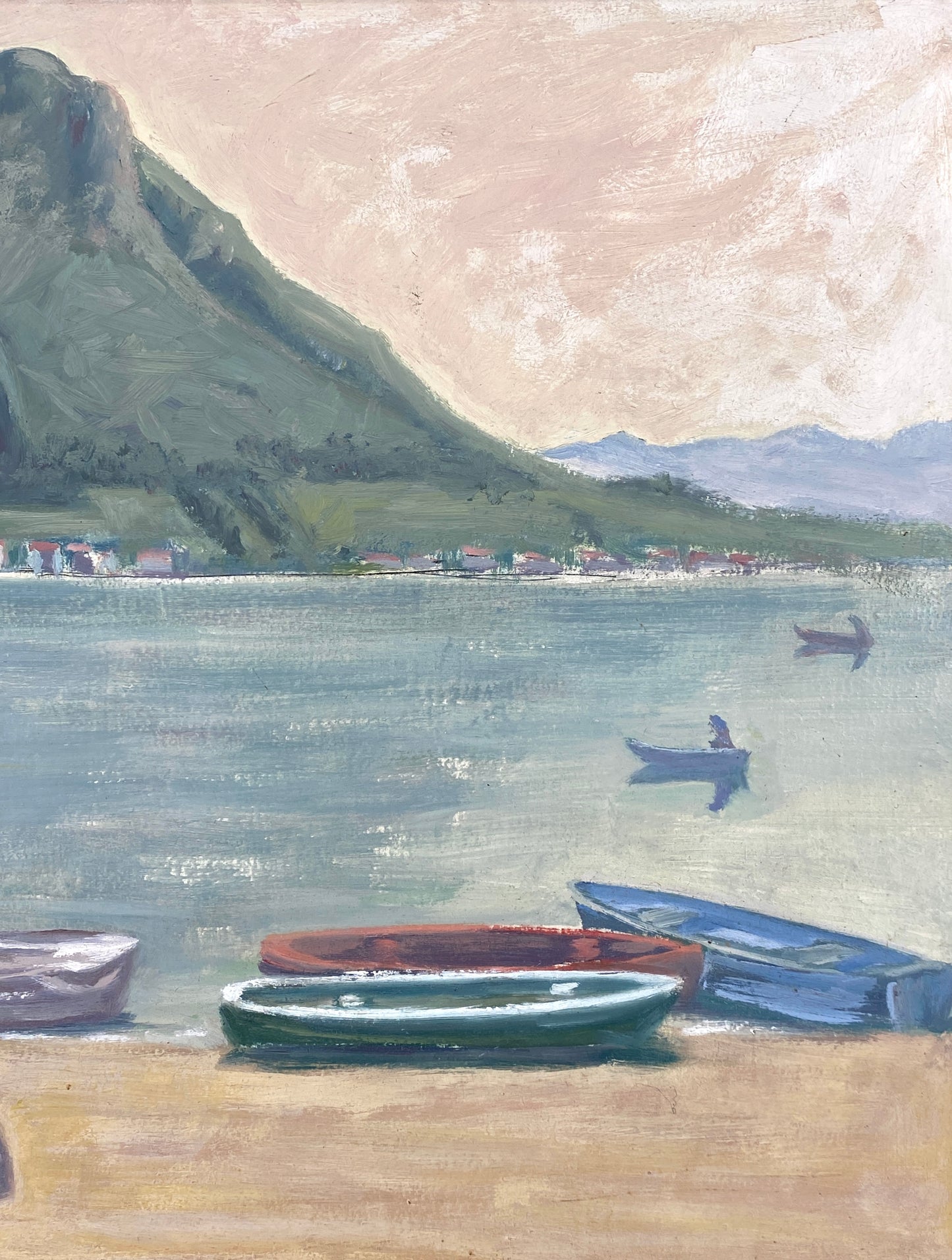 Ölgemälde "Luganer See mit Blick auf den Monte San Salvatore" von Erhard Brude (1874–1959) aus dem Jahr 1956