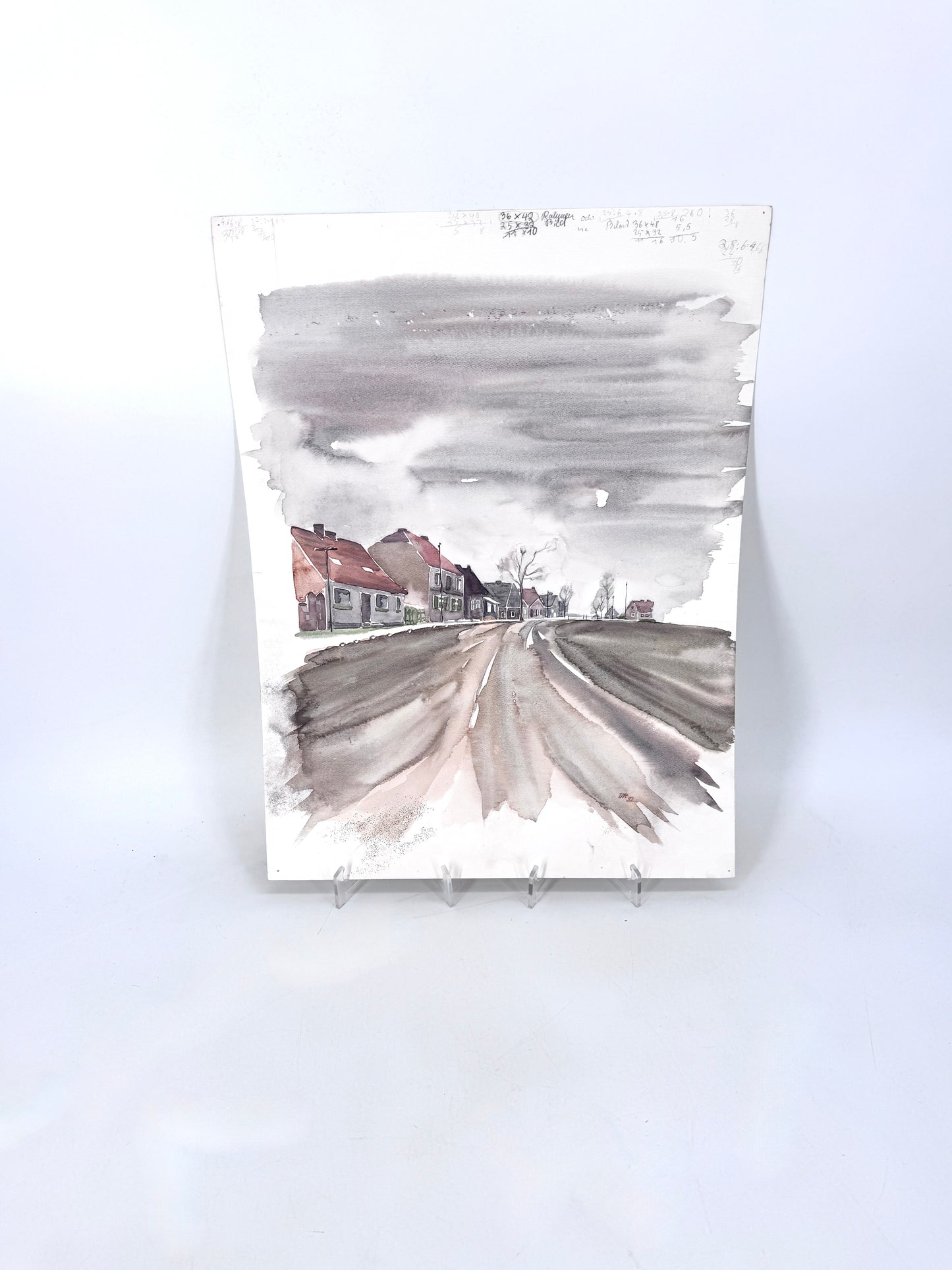 Gemälde einer deutschen Landstraße. Aquarell, Signiert.