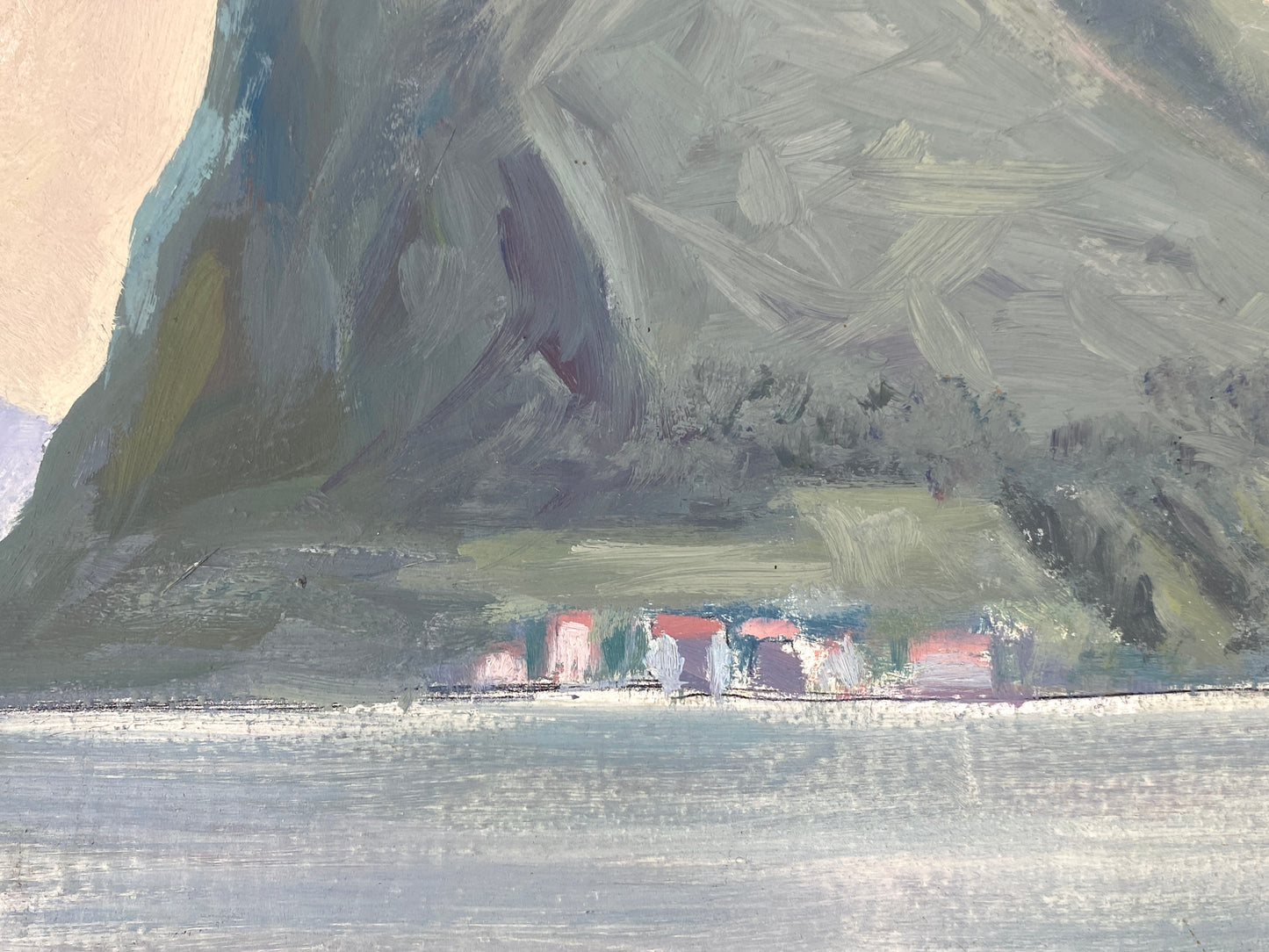 Ölgemälde "Luganer See mit Blick auf den Monte San Salvatore" von Erhard Brude (1874–1959) aus dem Jahr 1956