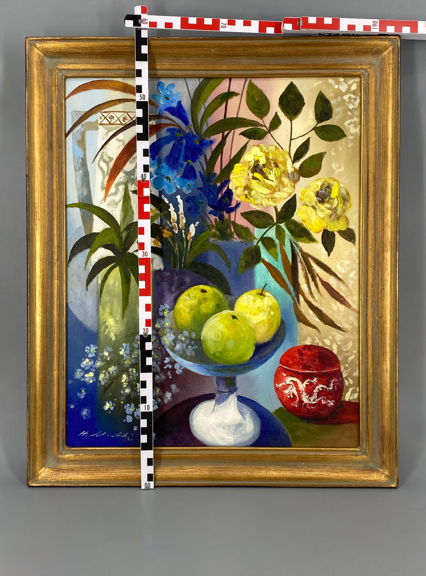 Farbenprächtiges Acrylgemälde "Stillleben" auf Leinwand von Hermann Muth (1930–2011)