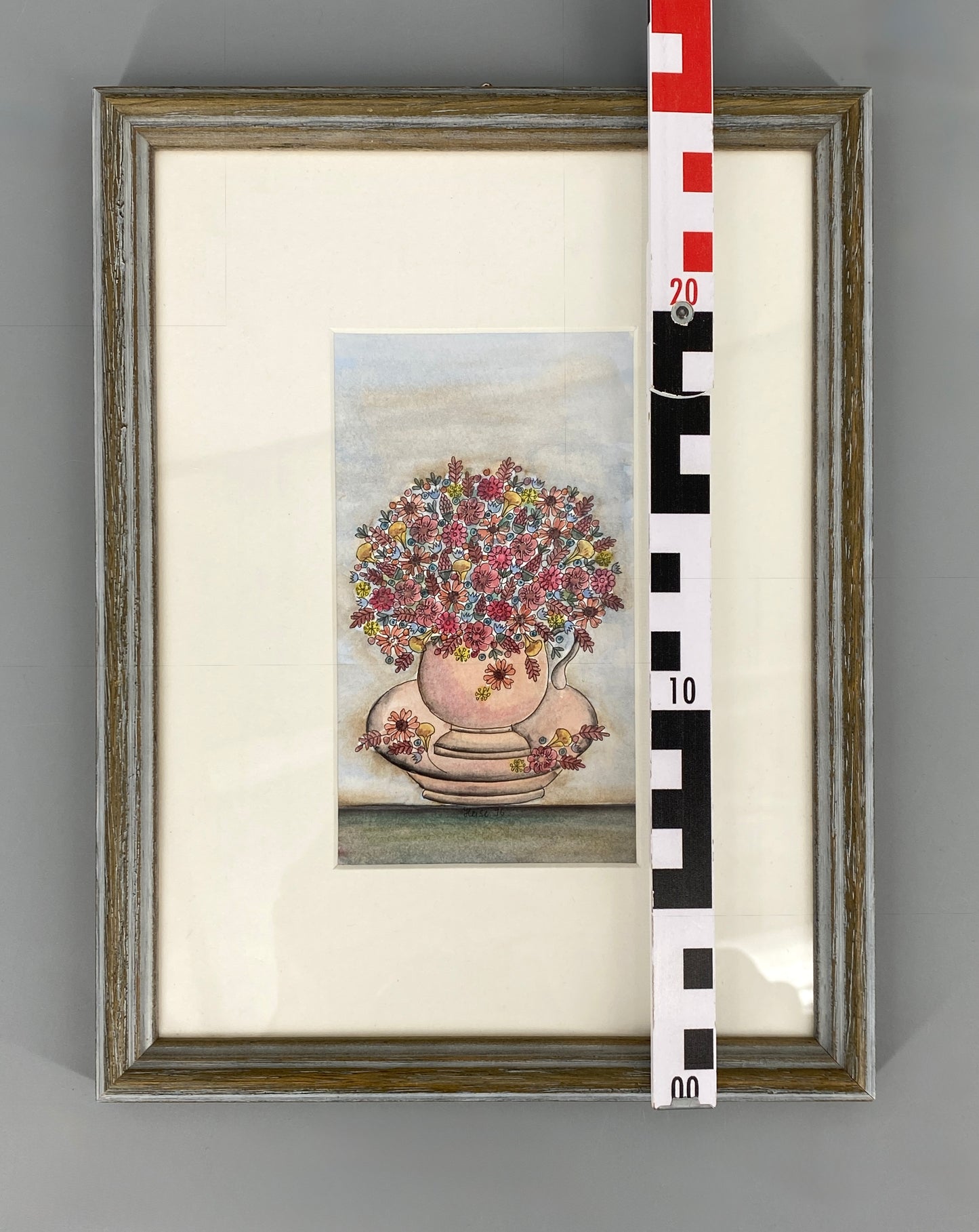 Gerahmtes Aquarellgemälde mit Tuschekonturen "Blumentässchen" von Hannelore Heise, 1996