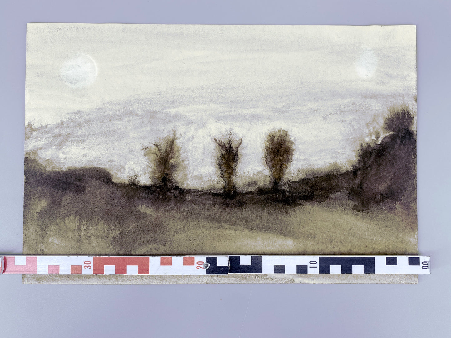Kohle-Landschaft. Kleines Gemälde mit Prägung