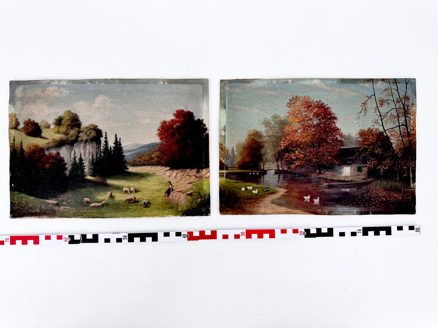 2x Ölgemälde, Idylle Ungarb. Haus am Teich, Hirtin zwischen Felsen