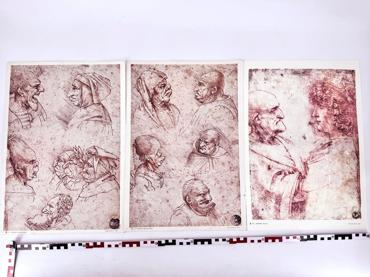 3x Grafik Leonardo Da Vinci, Teste Grotesche, Duo Teste. Editiono D'Arte Nova Lux