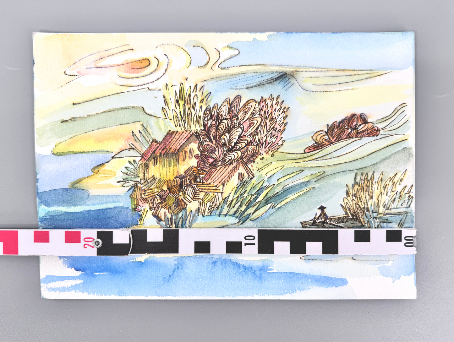 2X Aquarelle, Helga Engeln. Einsame Insel, Ankunft und bei Nacht