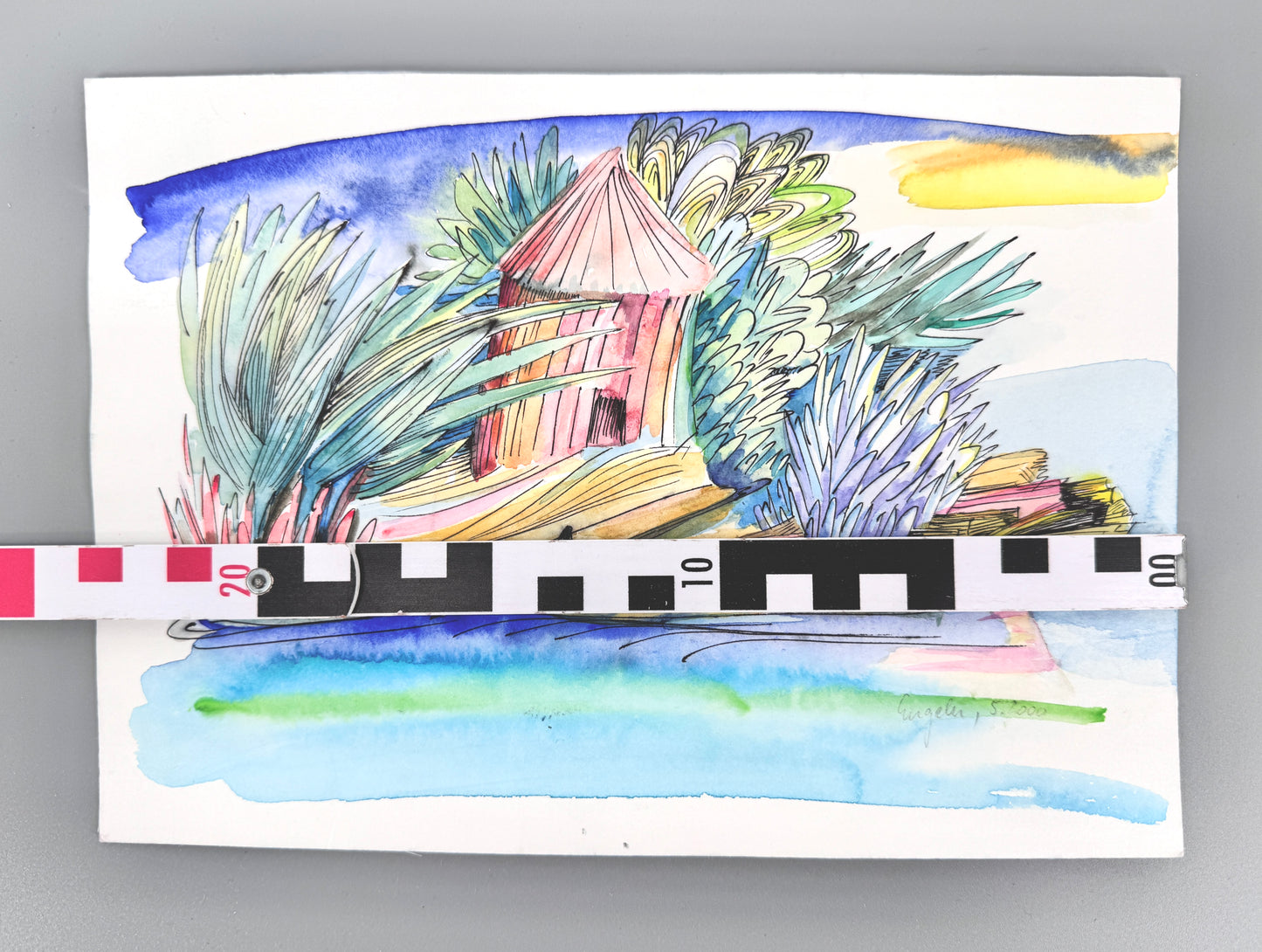 2X Aquarelle, Helga Engeln. Einsame Inseln, mit Meerblick