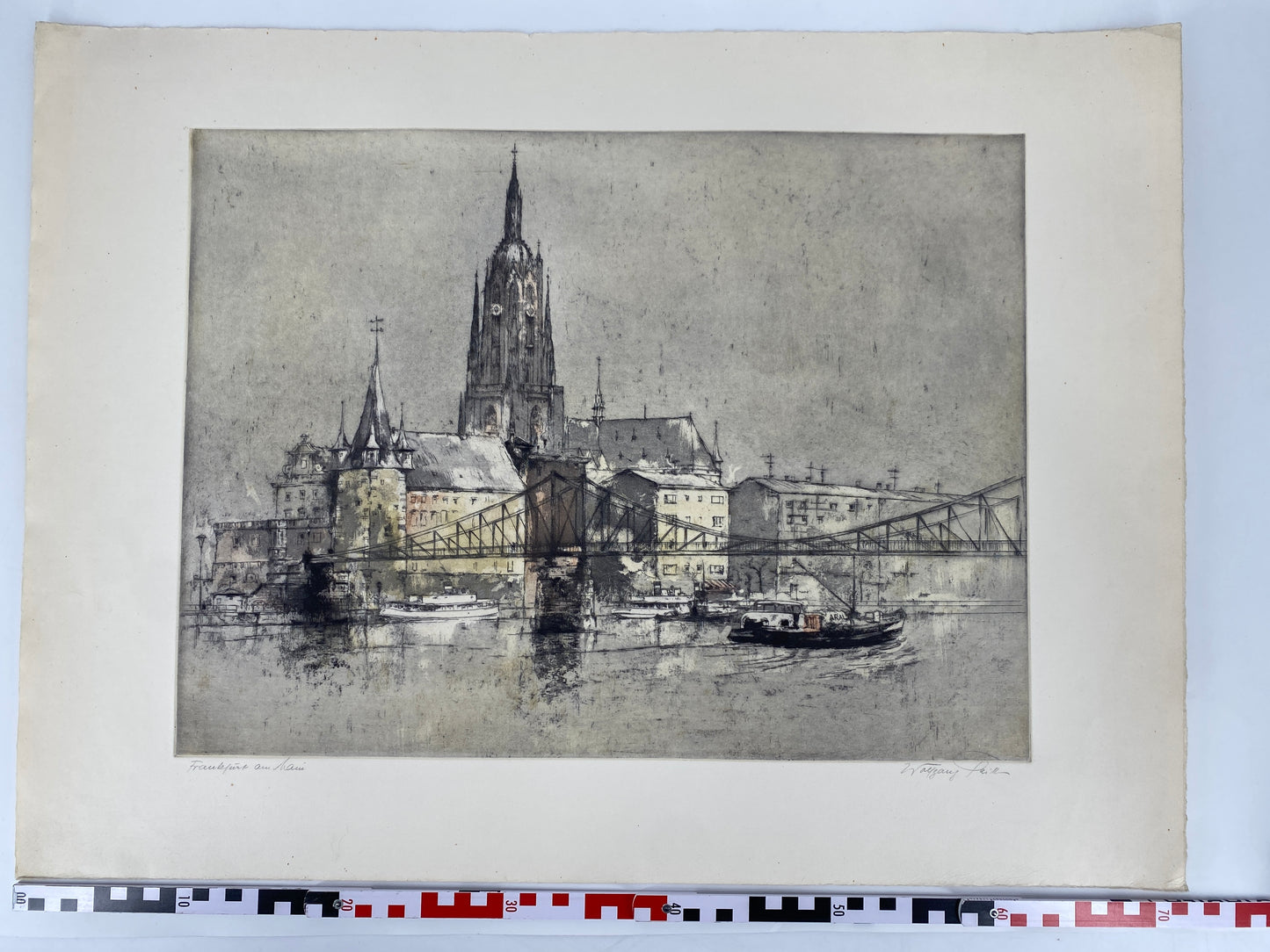 Farbradierung Wolfgang Tritt, Frankfurt am Main. Kaiserdom und Eiserner Steg