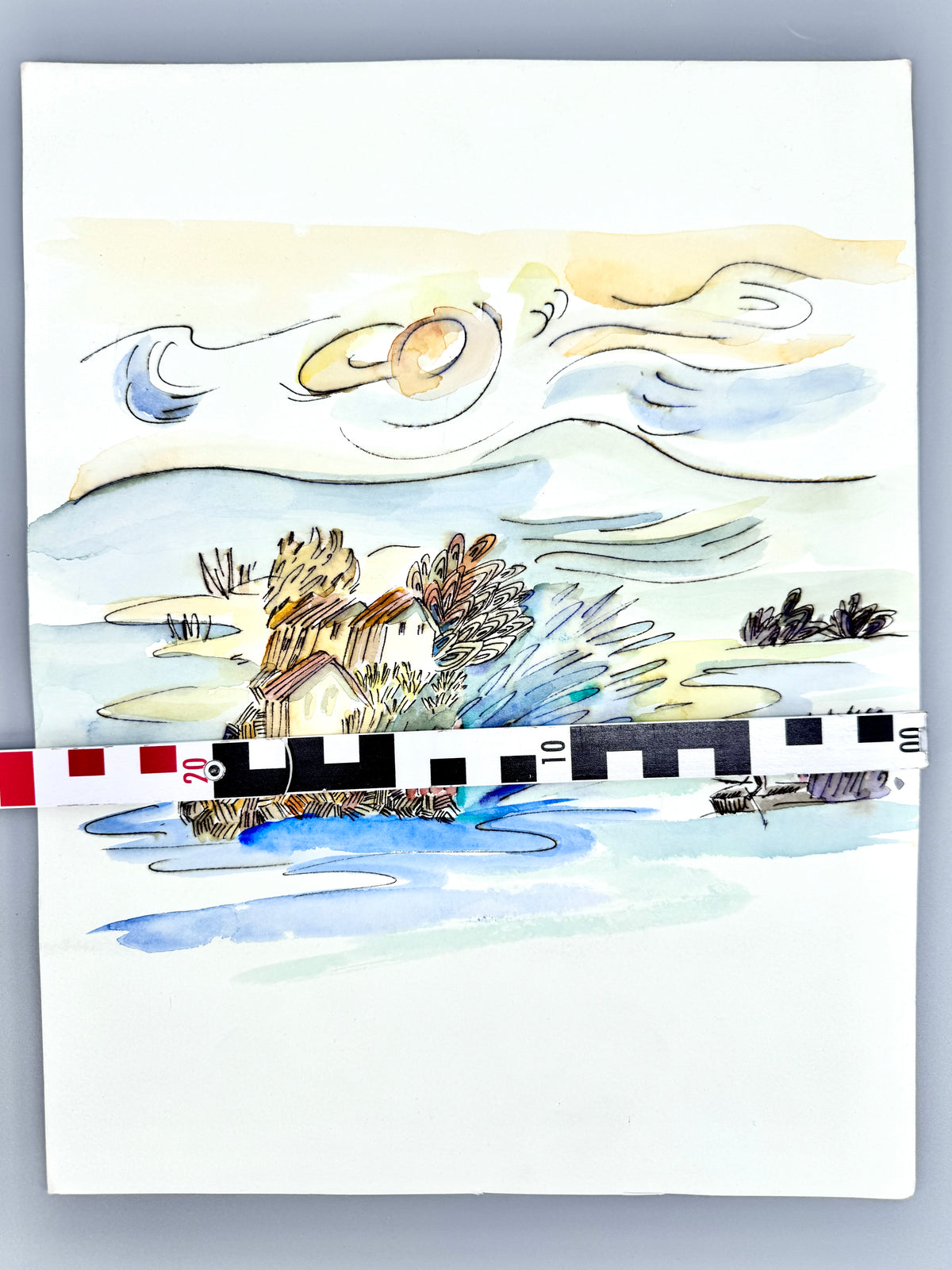 Einsame Insel mit Hütten und Boot. Aquarell von Helga Engeln